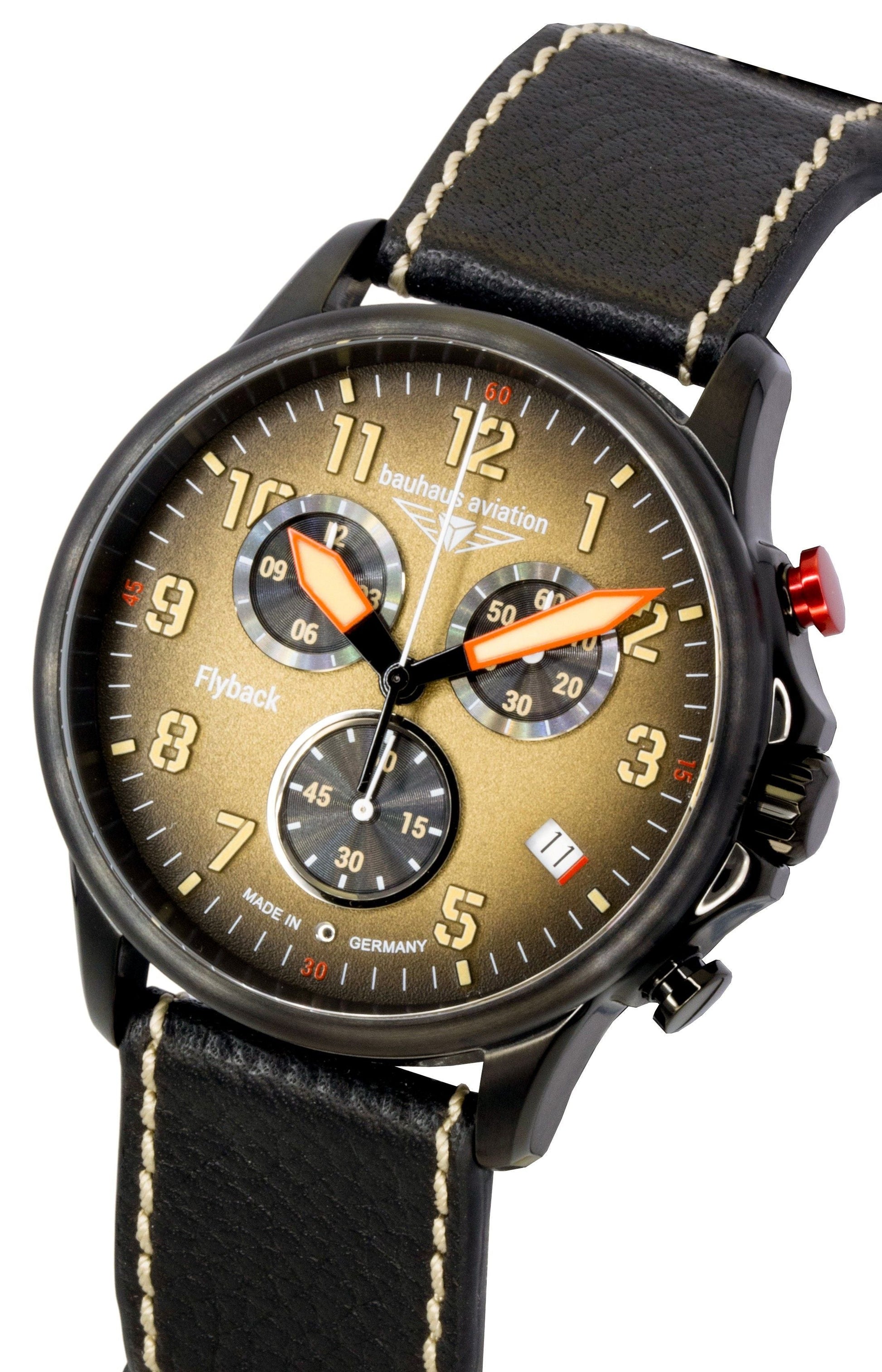 Bauhaus Aviation Flyback Chronograph Leather Strap Brown Dial Quartz 28885 100M Men's Watch - Prestige Stones