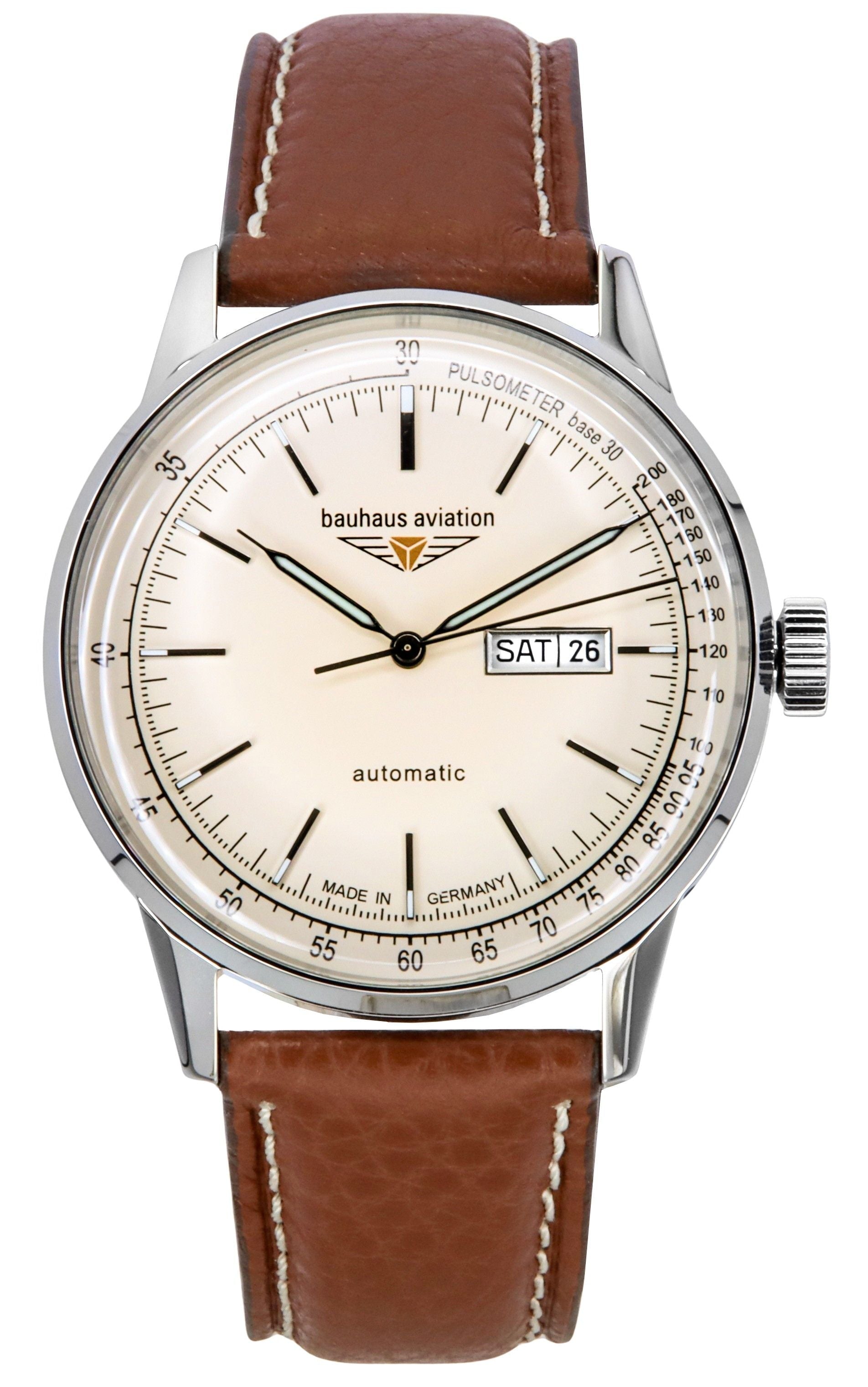 Bauhaus Aviation Leather Strap Beige Dial Automatic 23665 100M Men's Watch - Prestige Stones