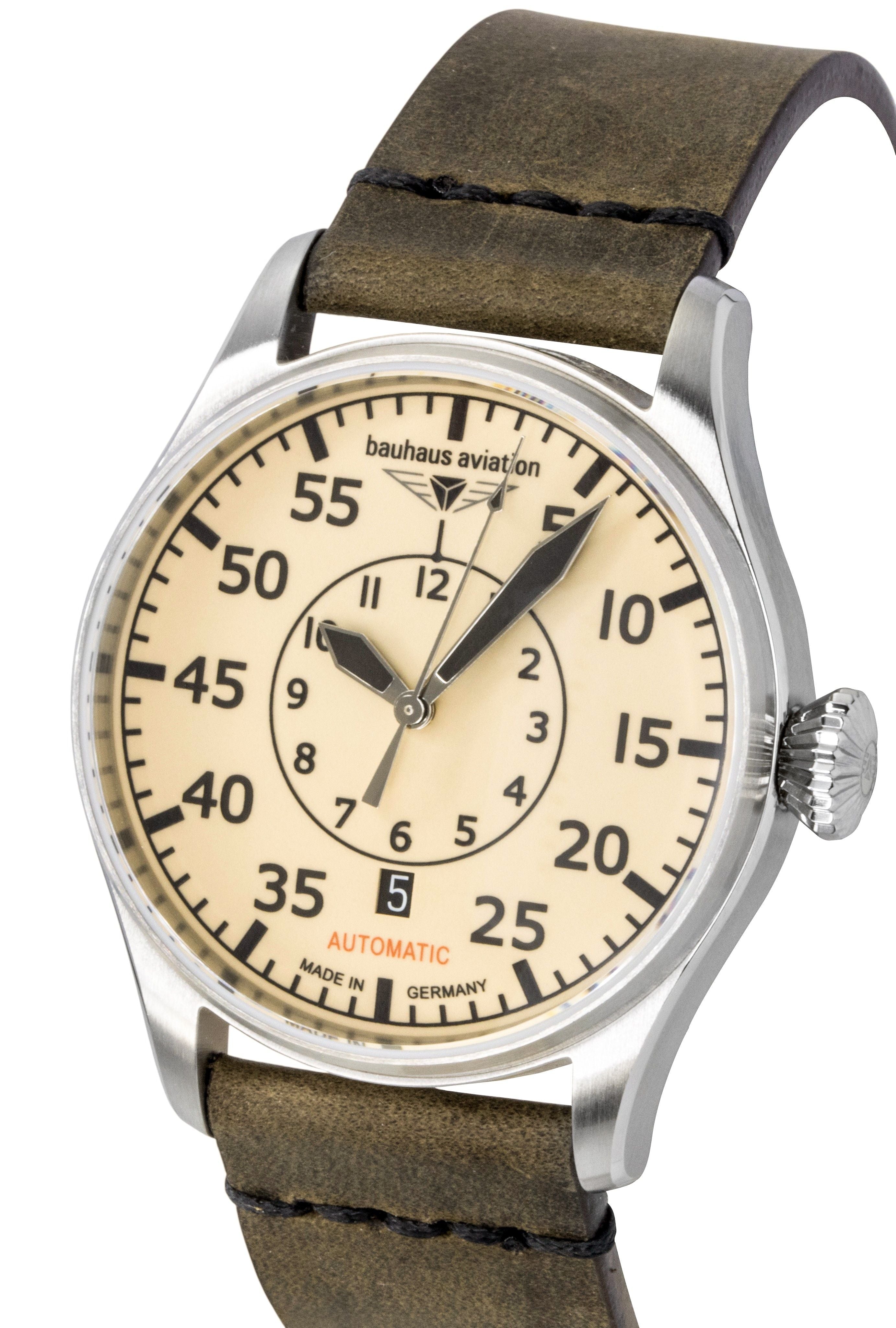 Bauhaus Aviation Leather Strap Beige Dial Automatic 27565 Men's Watch - Prestige Stones