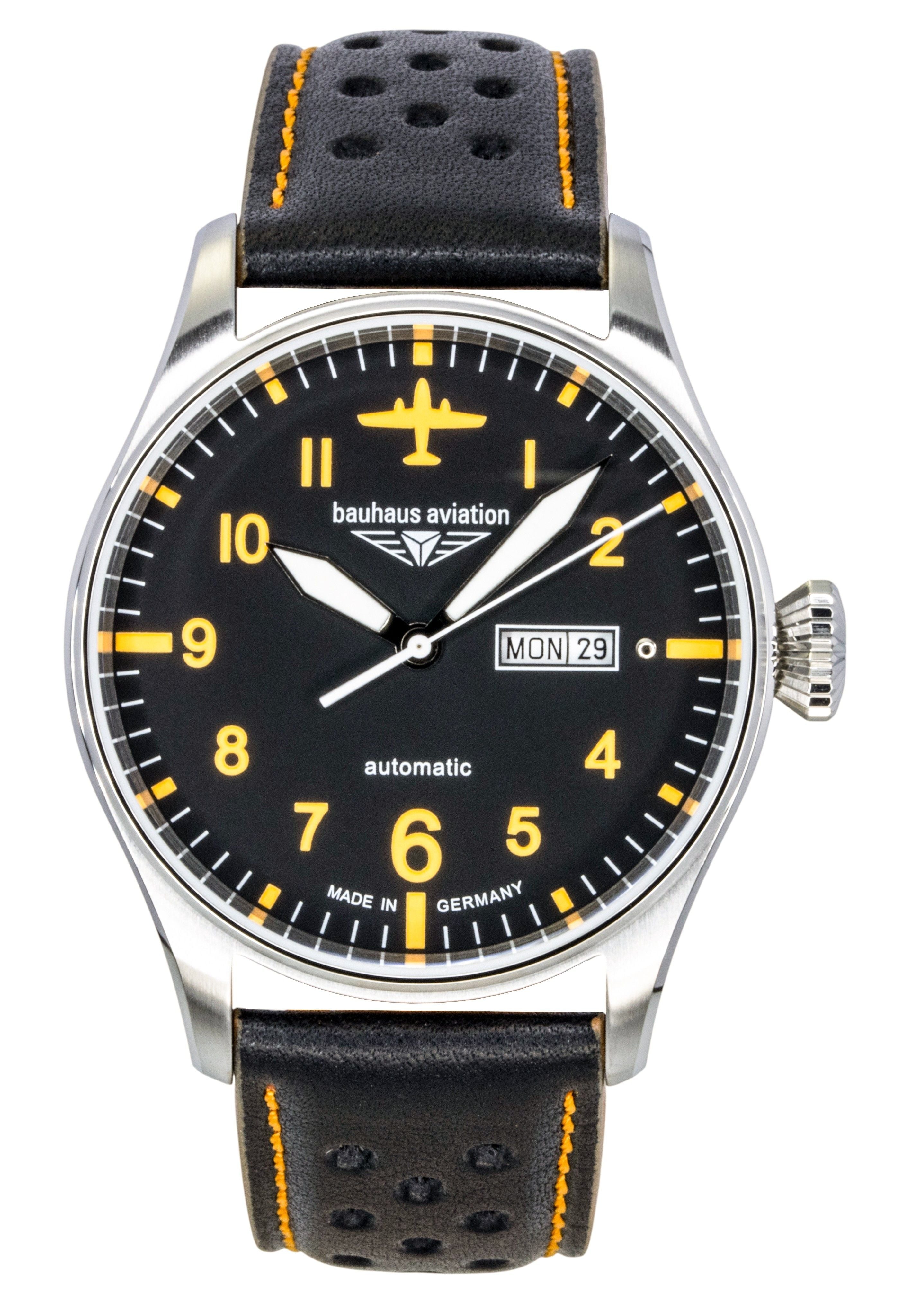 Bauhaus Aviation Leather Strap Black Dial Automatic 27665 Men's Watch - Prestige Stones