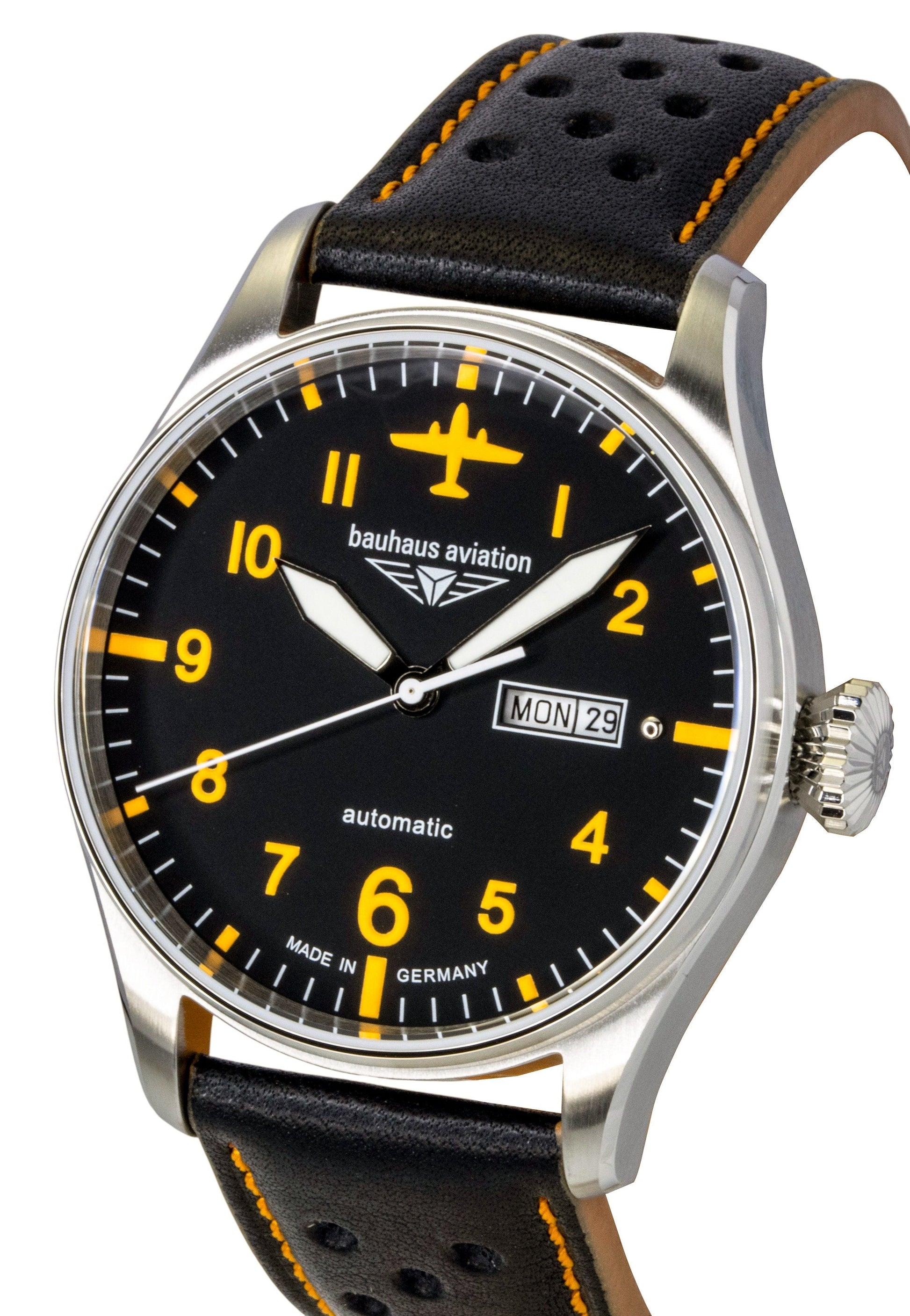 Bauhaus Aviation Leather Strap Black Dial Automatic 27665 Men's Watch - Prestige Stones