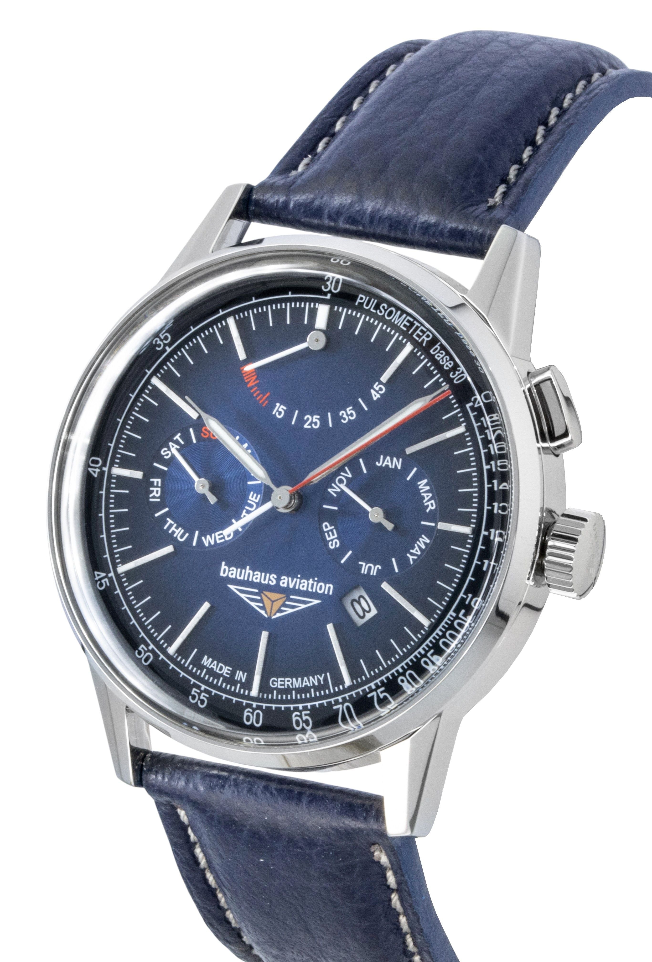 Bauhaus Aviation Leather Strap Blue Dial Automatic 23623 Men's Watch - Prestige Stones