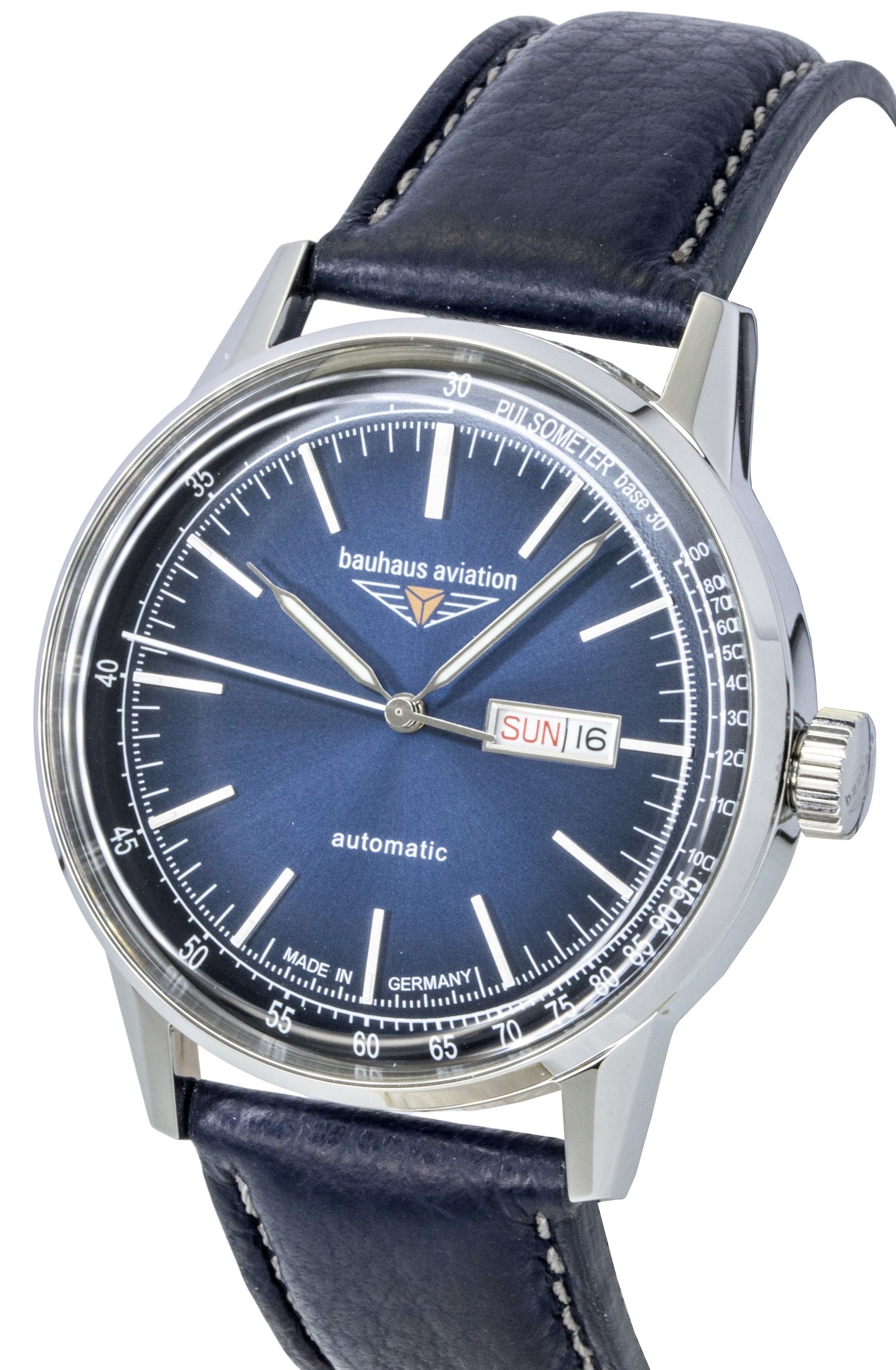 Bauhaus Aviation Leather Strap Blue Dial Automatic 23663 100M Men's Watch - Prestige Stones