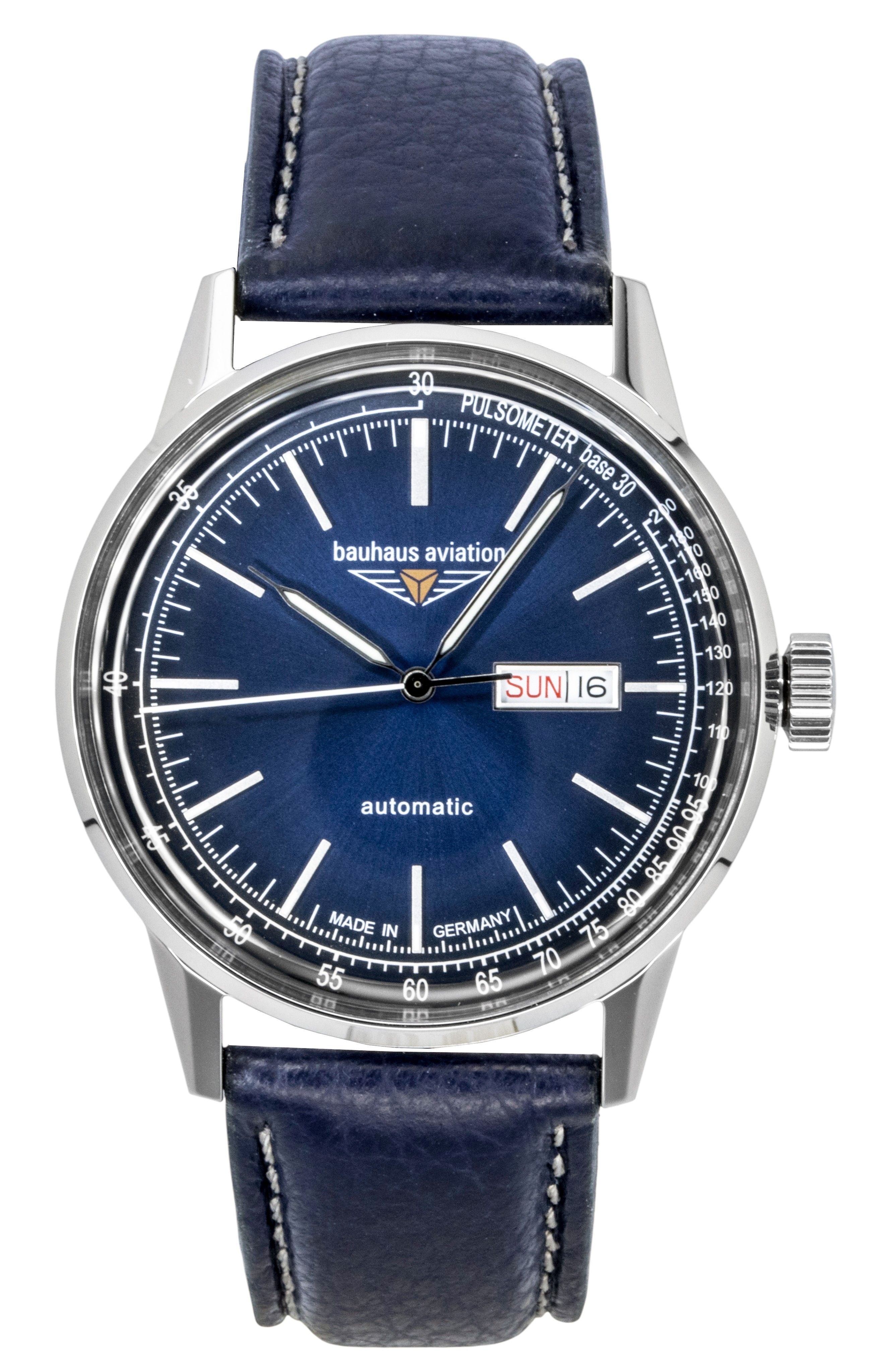 Bauhaus Aviation Leather Strap Blue Dial Automatic 23663 100M Men's Watch - Prestige Stones