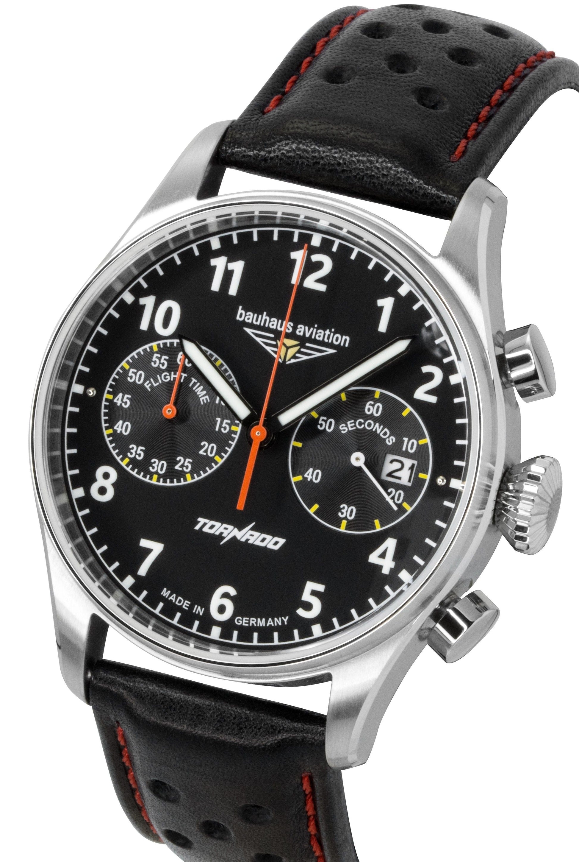 Bauhaus Aviation Tornado chronograph Leather Strap Black Dial Quartz 27702 Men's Watch - Prestige Stones