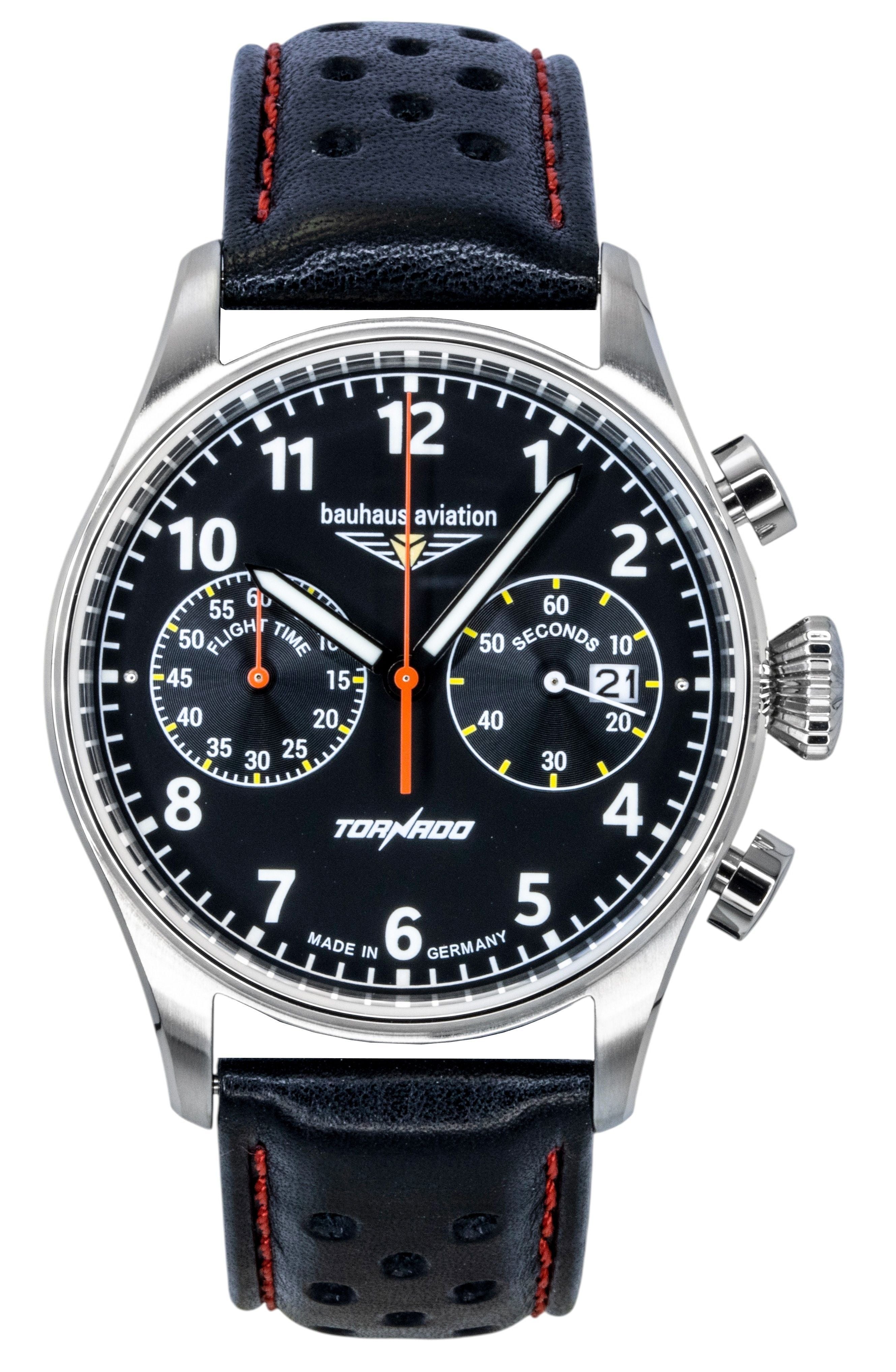 Bauhaus Aviation Tornado chronograph Leather Strap Black Dial Quartz 27702 Men's Watch - Prestige Stones