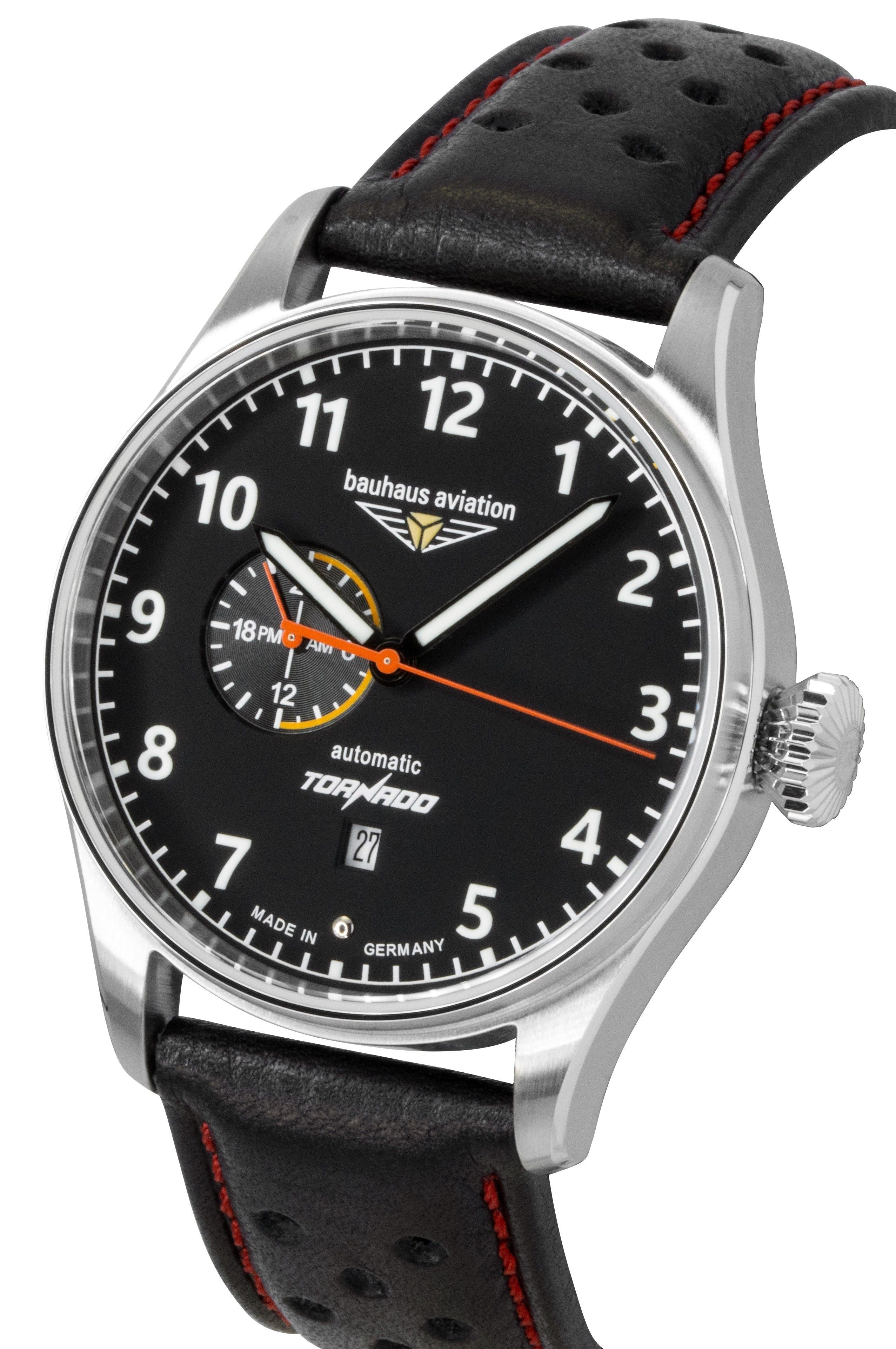 Bauhaus Aviation Tornado Leather Strap Black Dial Automatic 27642 Men's Watch - Prestige Stones