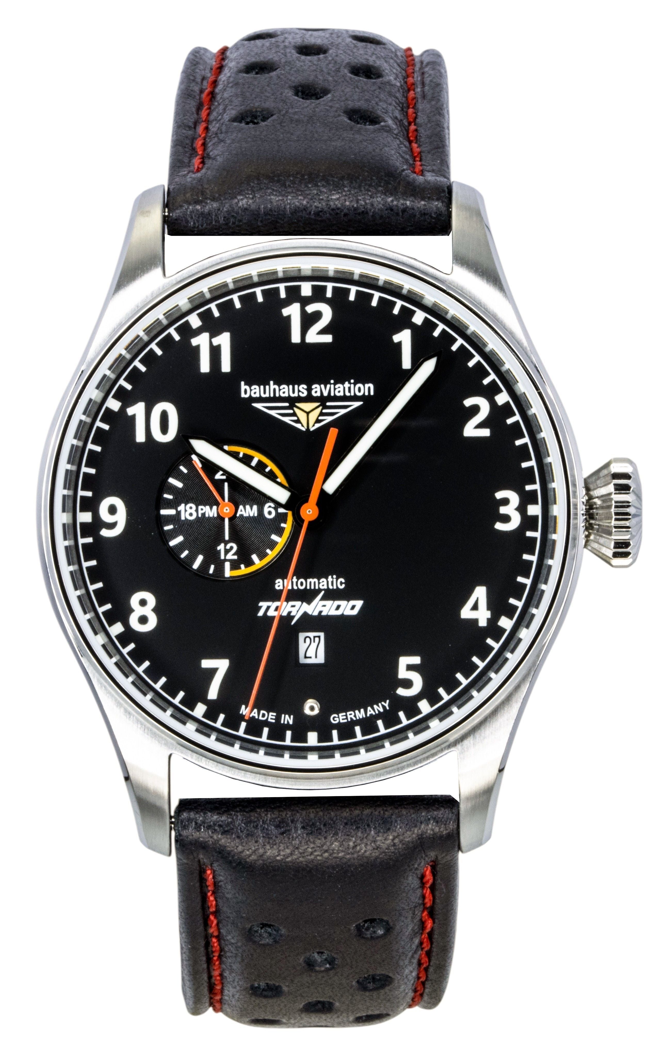 Bauhaus Aviation Tornado Leather Strap Black Dial Automatic 27642 Men's Watch - Prestige Stones