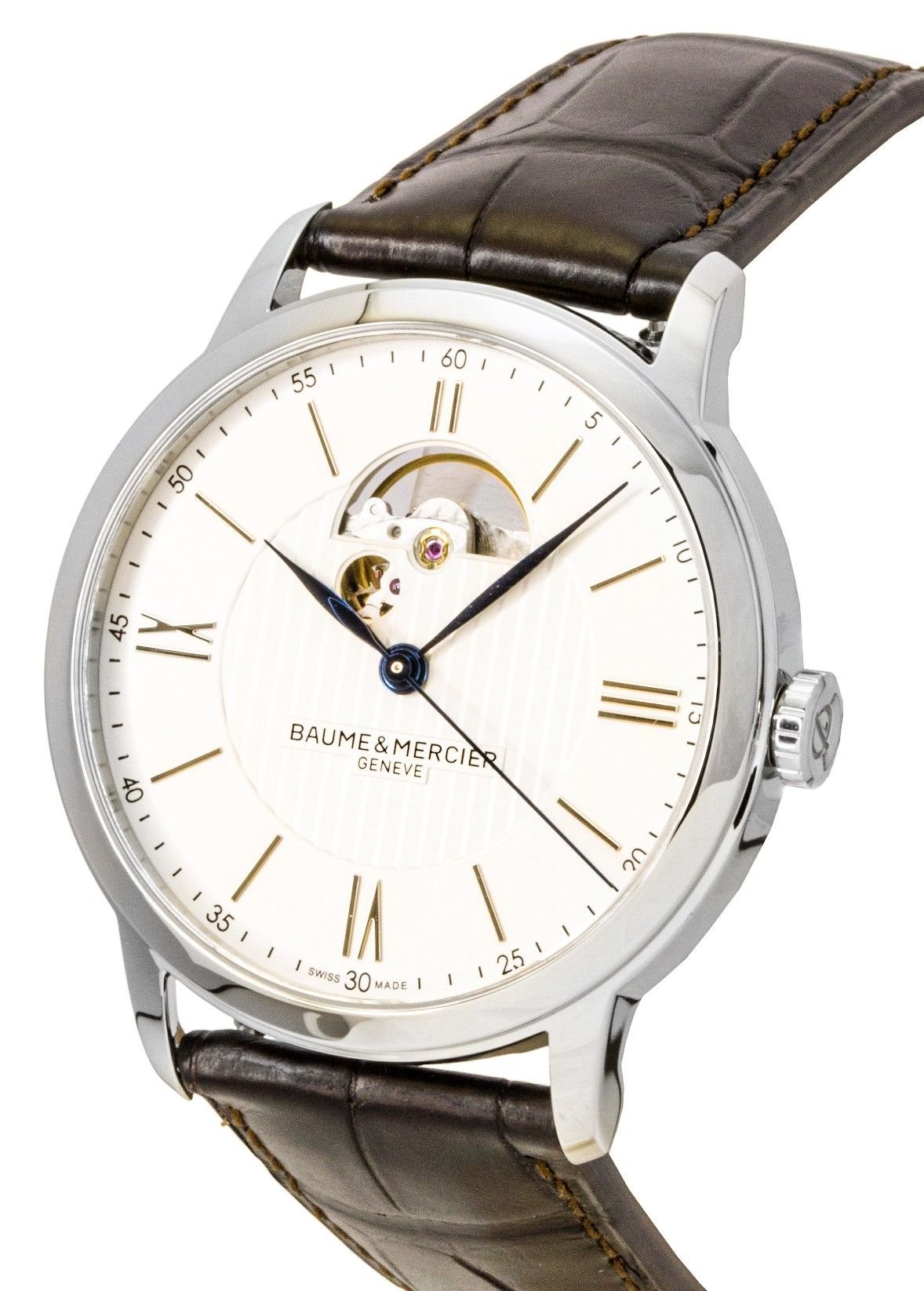 Baume & Mercier Classima Leather Strap Open Heart Silver Dial Automatic M0A10524 Men's Watch - Prestige Stones