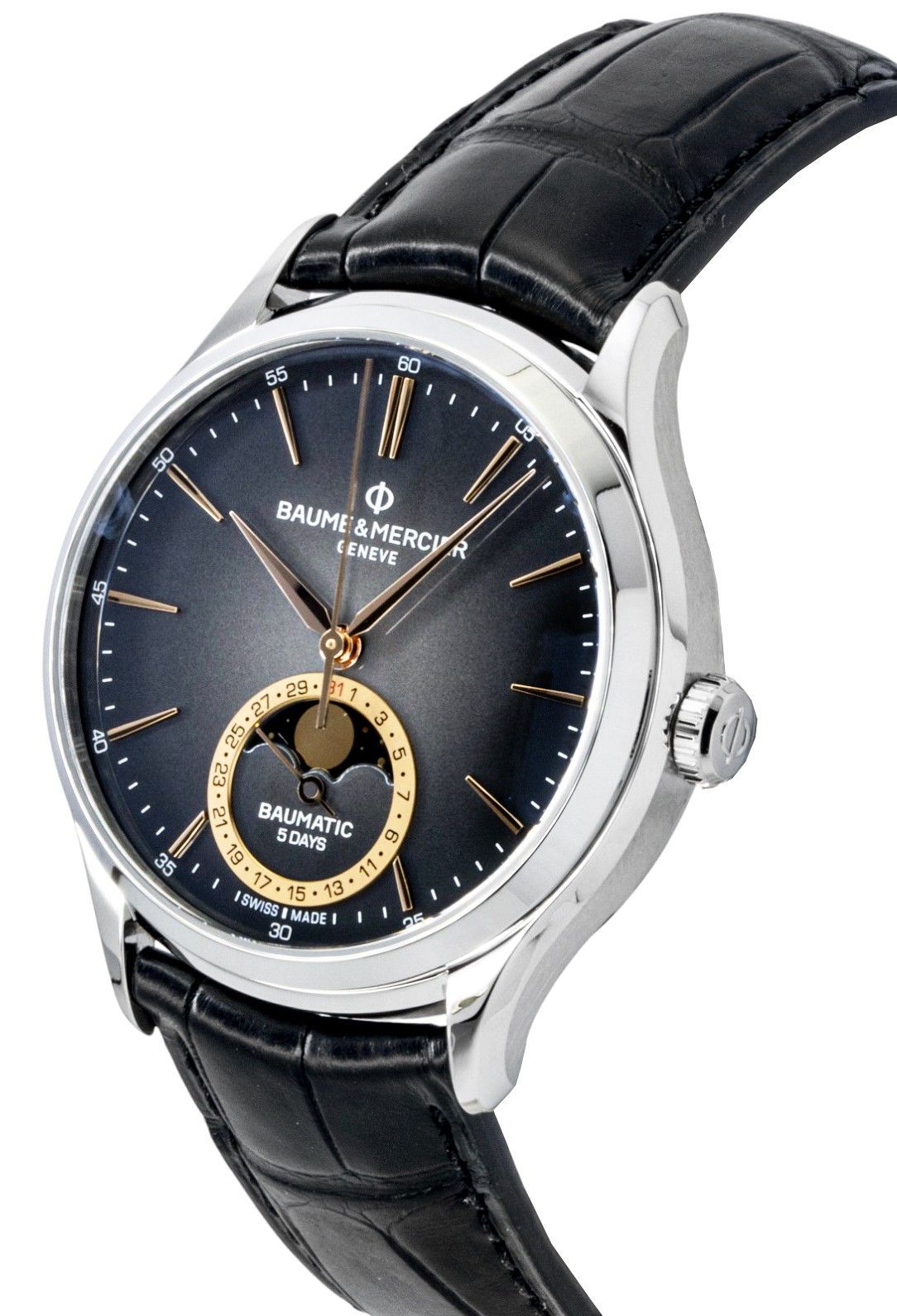 Baume & Mercier Clifton Leather Strap Moon phase Black Dial Automatic M0A10758 Men's Watch - Prestige Stones