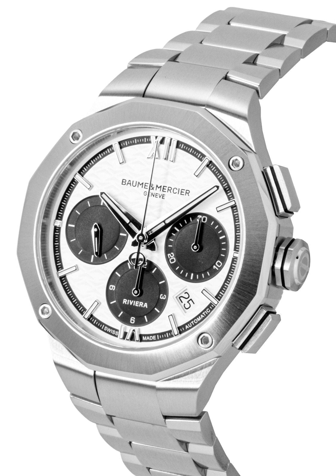 Baume & Mercier Riviera Chronograph Stainless Steel White Dial Automatic M0A10827 100M Men's Watch - Prestige Stones