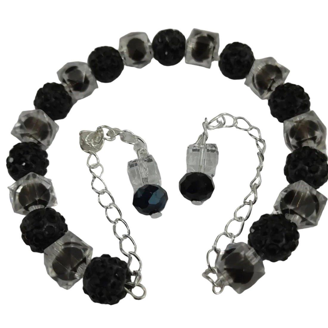 Black and clear beaded bracelet with faceted and textured beads, open-ended slip-on design with dangle chain accents for modern style
