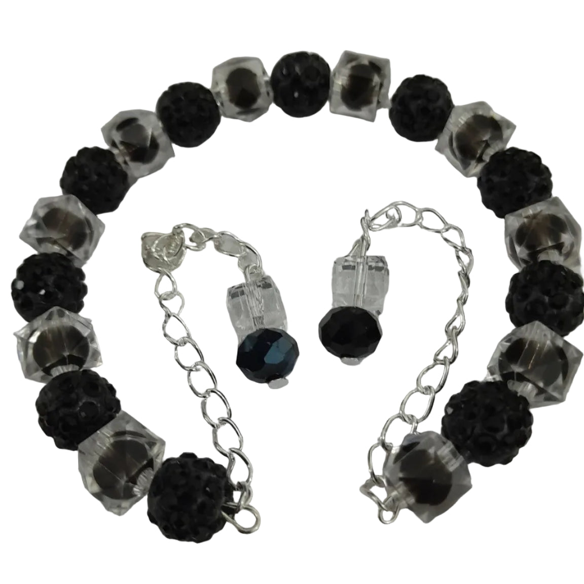 Black and clear beaded bracelet with faceted and textured beads, open-ended slip-on design with dangle chain accents for modern style
