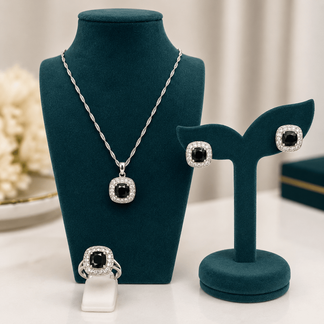 Black Crystal Halo Jewellery Set – Pendant, Earrings & Ring Collection - Prestige Stones