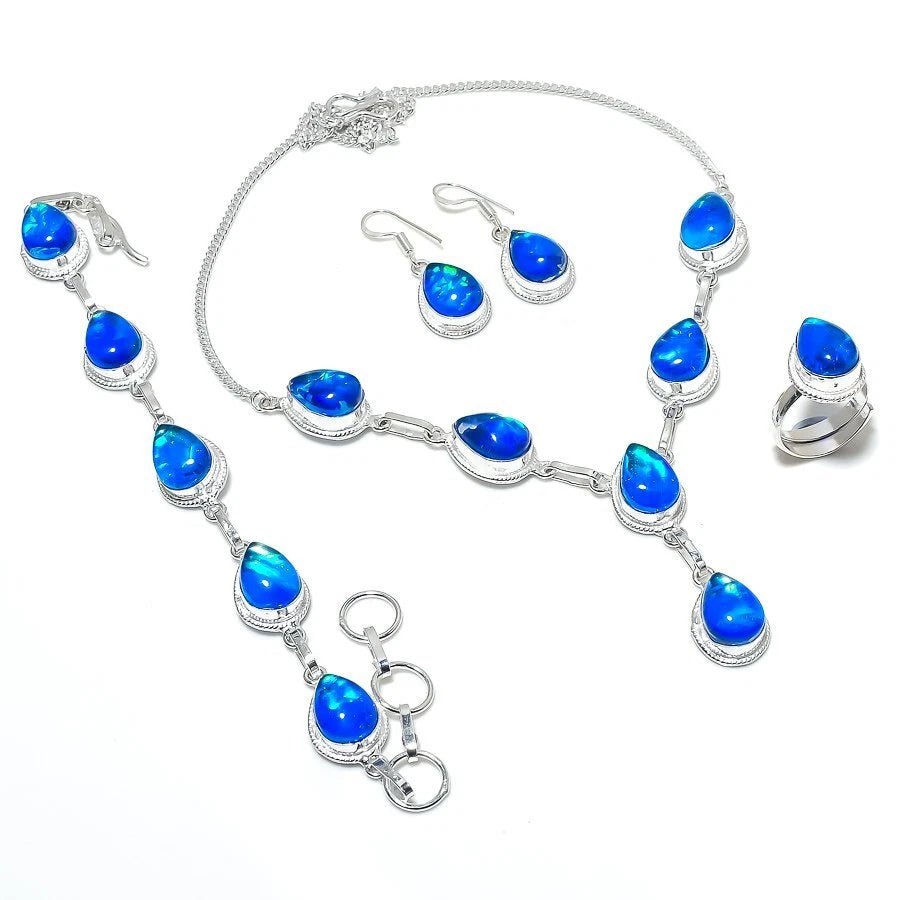 Lab-created blue triplet opal jewelry set in artisan handmade 925 silver – necklace, earrings, bracelet, and ring