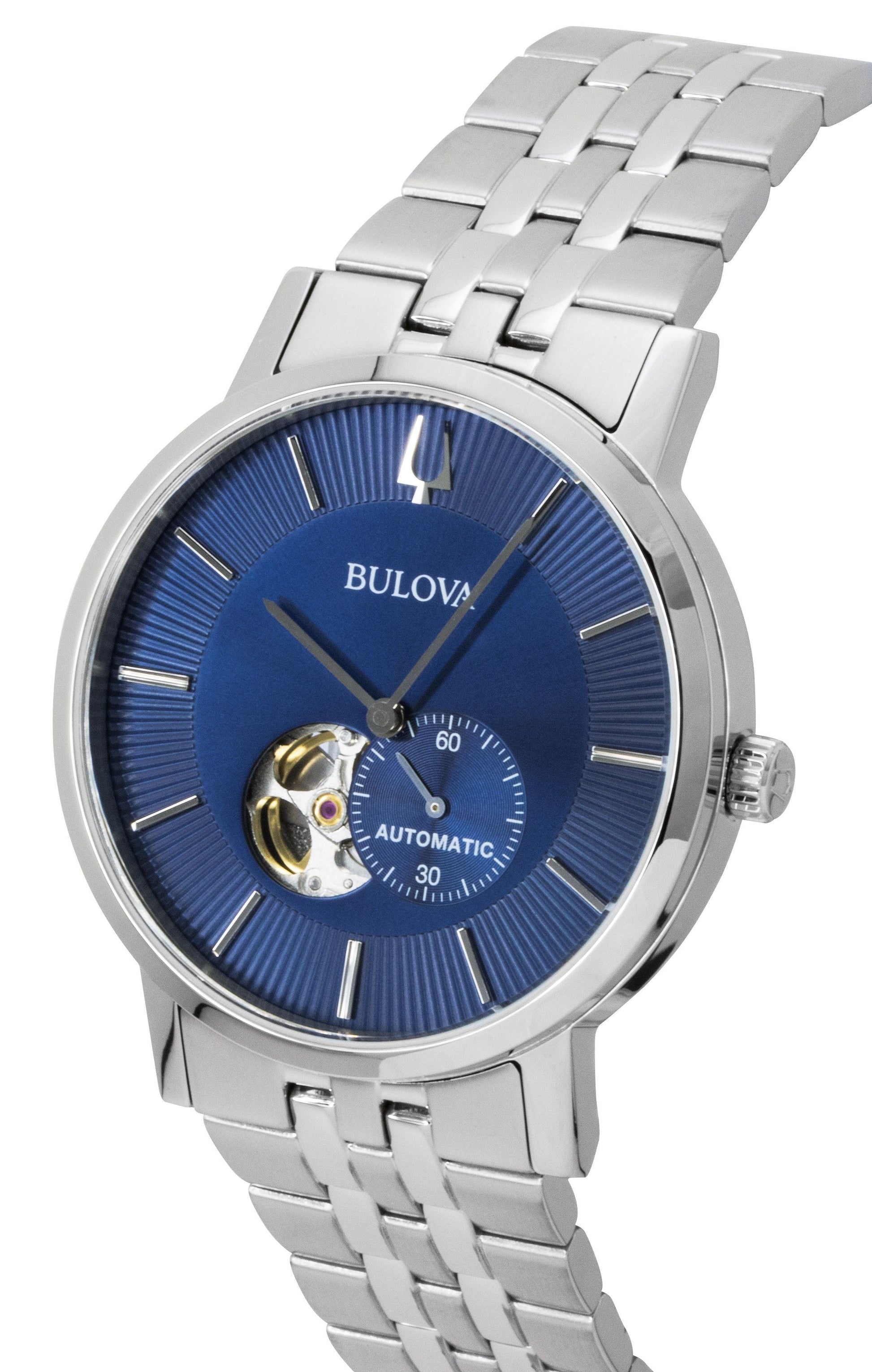 Bulova American Clipper Stainless Steel Open Heart Blue Dial Automatic 96A247 Men's Watch - Prestige Stones