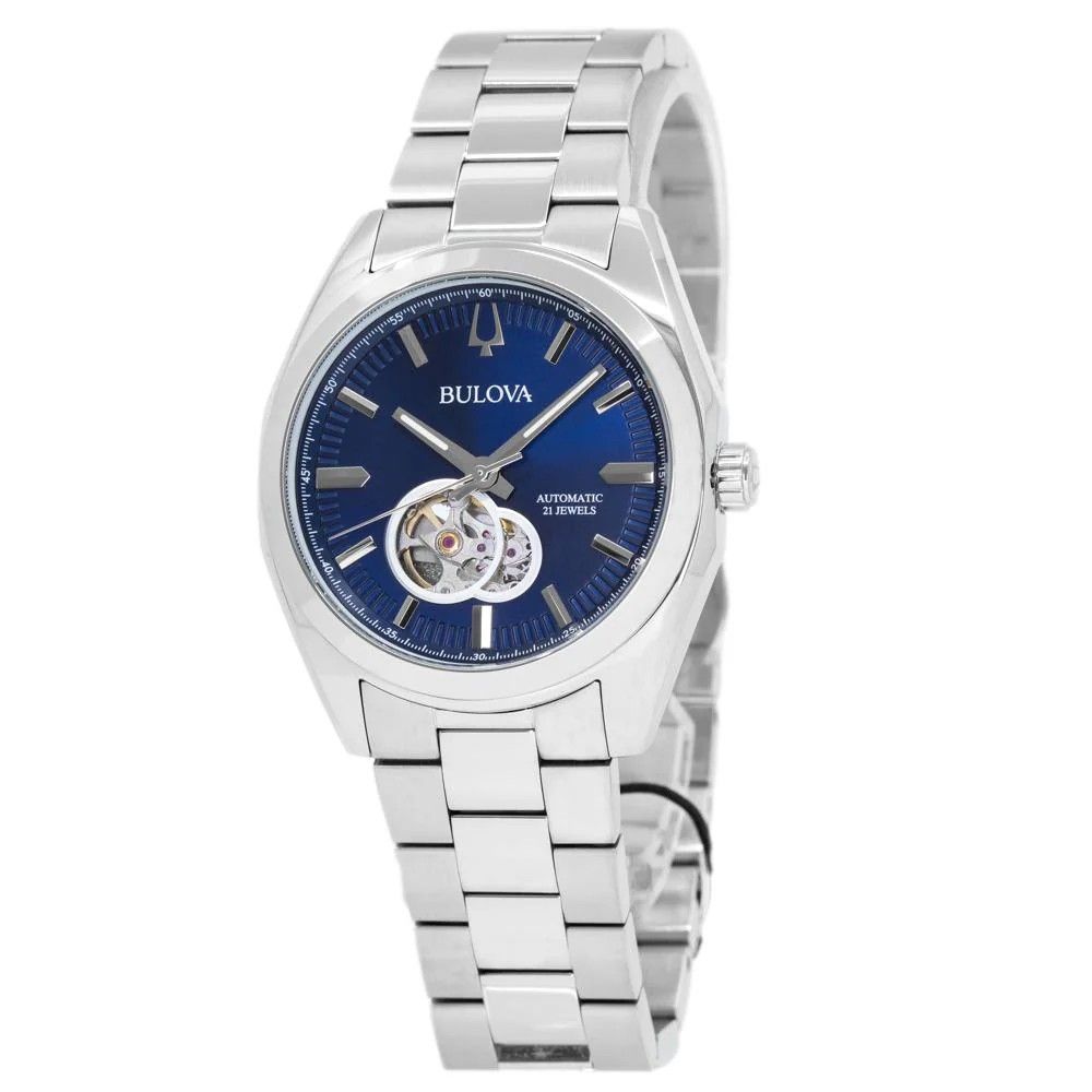 Bulova Classic Surveyor Stainless Steel Blue Open Heart Dial Automatic 96A275 Men's Watch - Prestige Stones