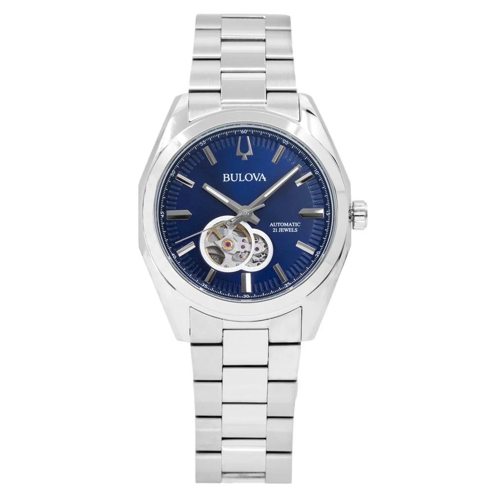 Bulova Classic Surveyor Stainless Steel Blue Open Heart Dial Automatic 96A275 Men's Watch - Prestige Stones