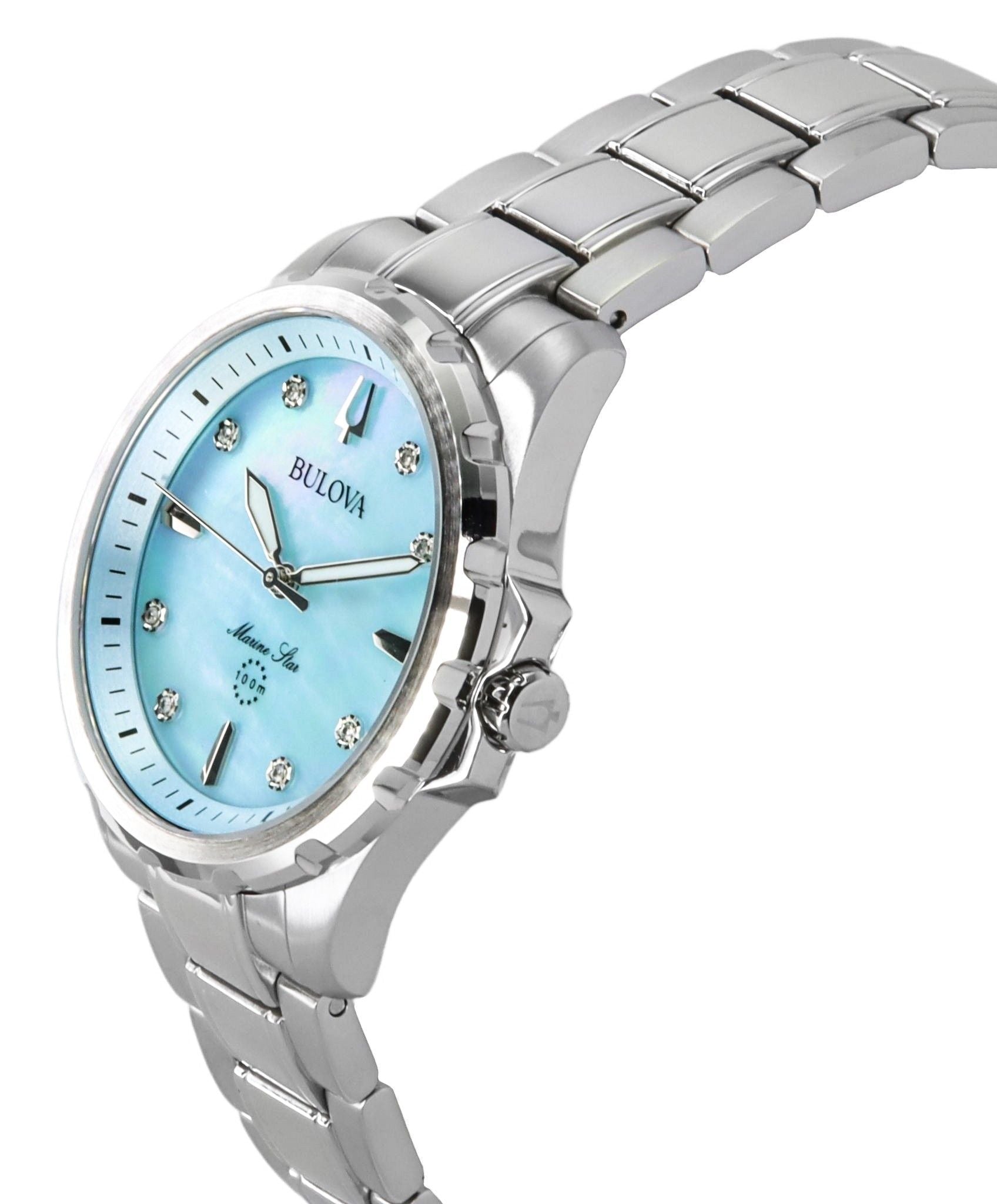 Bulova Marine Star Diamond Accents Stainless Steel Blue Mother Of Pearl Dial Quartz 96P248 100 Women's Watch - Prestige Stones