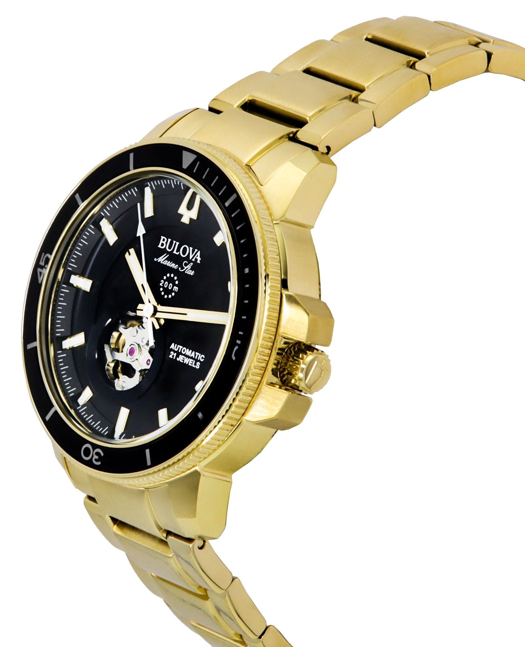 Bulova Marine Star Gold Tone Stainless Steel Black Dial Automatic Diver's 97A174 200M Men's Watch - Prestige Stones