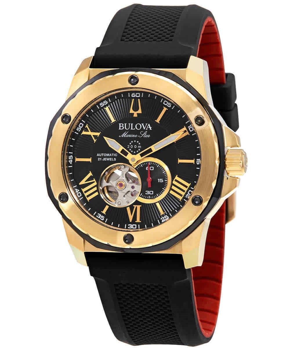 Bulova Marine Star Open Heart Black Dial Automatic Diver's 98A272 200M Men's Watch - Prestige Stones
