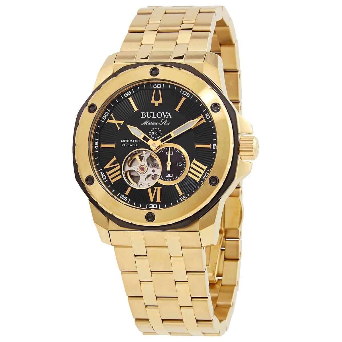 Bulova Marine Star Open Heart Black Dial Automatic Diver's 98A273 200M Men's Watch - Prestige Stones