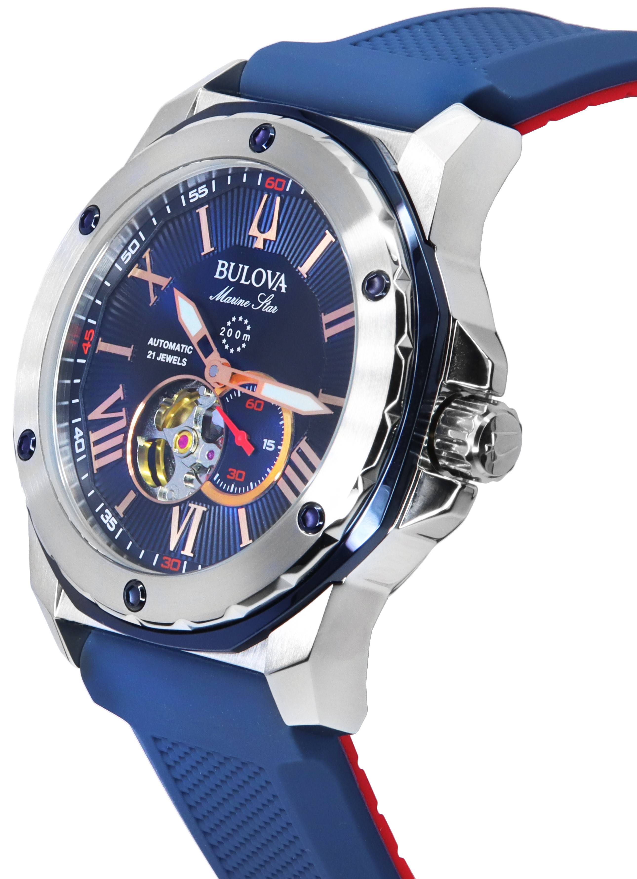 Bulova Marine Star Open Heart Blue Dial Automatic Diver's 98A282 200M Men's Watch - Prestige Stones