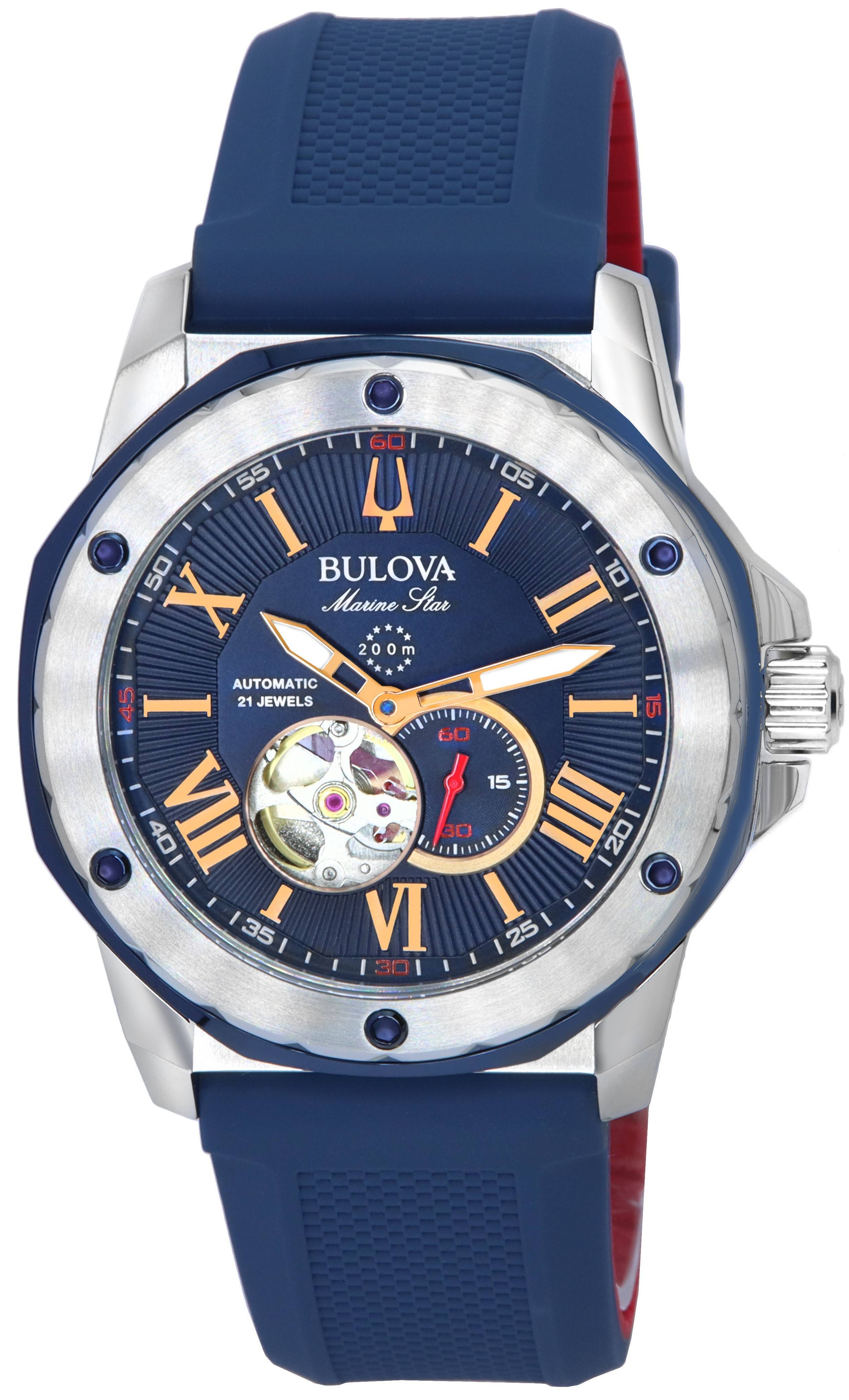 Bulova Marine Star Open Heart Blue Dial Automatic Diver's 98A282 200M Men's Watch - Prestige Stones