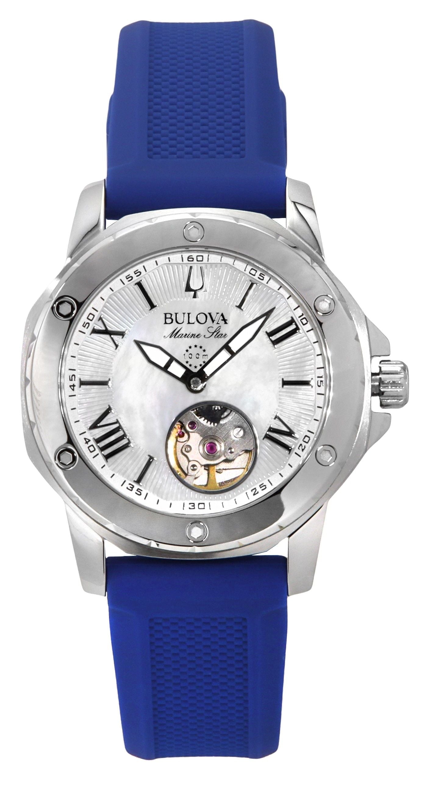 Bulova Marine Star Silicone Strap Mother Of Pearl Dial Automatic 96L324 100M Women's Watch - Prestige Stones