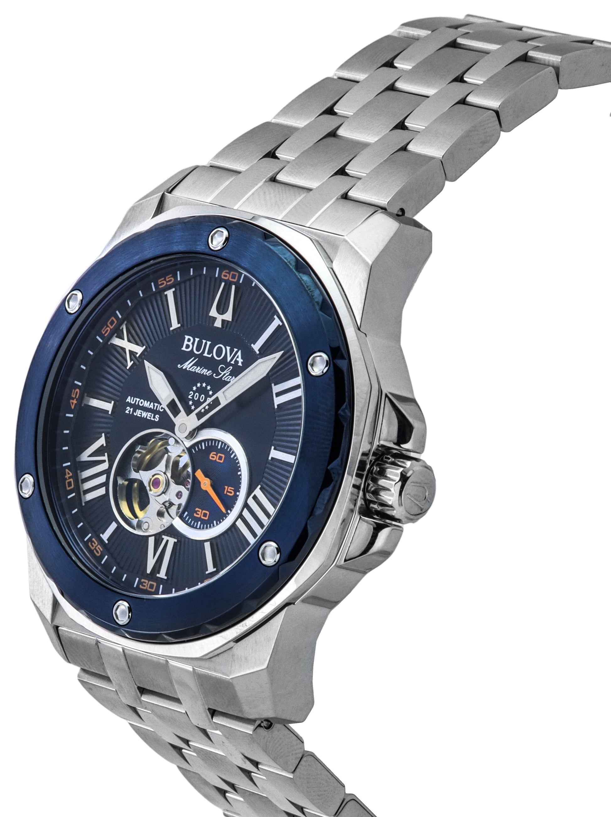 Bulova Marine Star Stainless Steel Open Heart Blue Dial Automatic 21 Jewels 98A302 200M Men's Watch - Prestige Stones