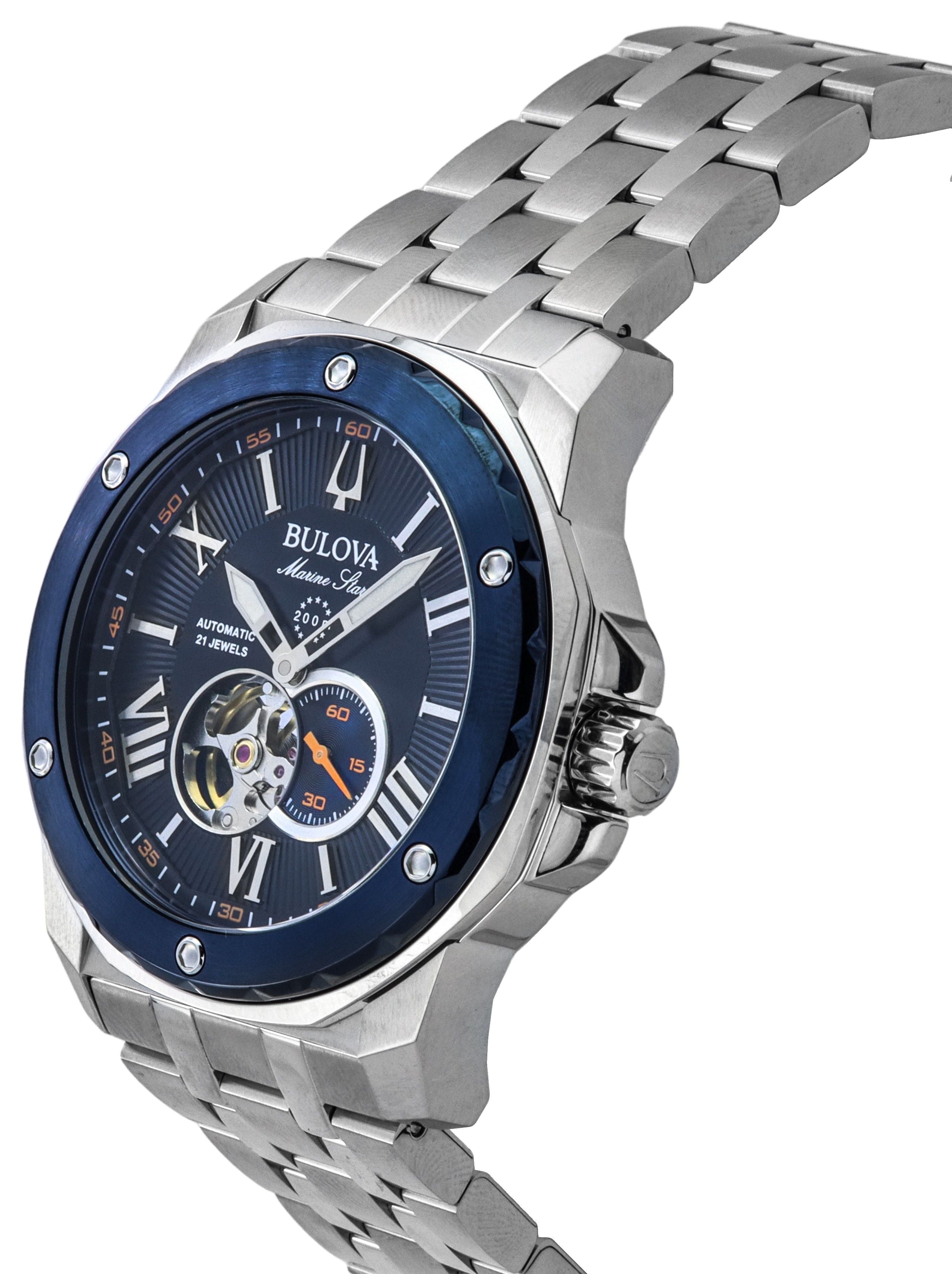 Bulova Marine Star Stainless Steel Open Heart Blue Dial Automatic 21 Jewels 98A302 200M Men's Watch - Prestige Stones
