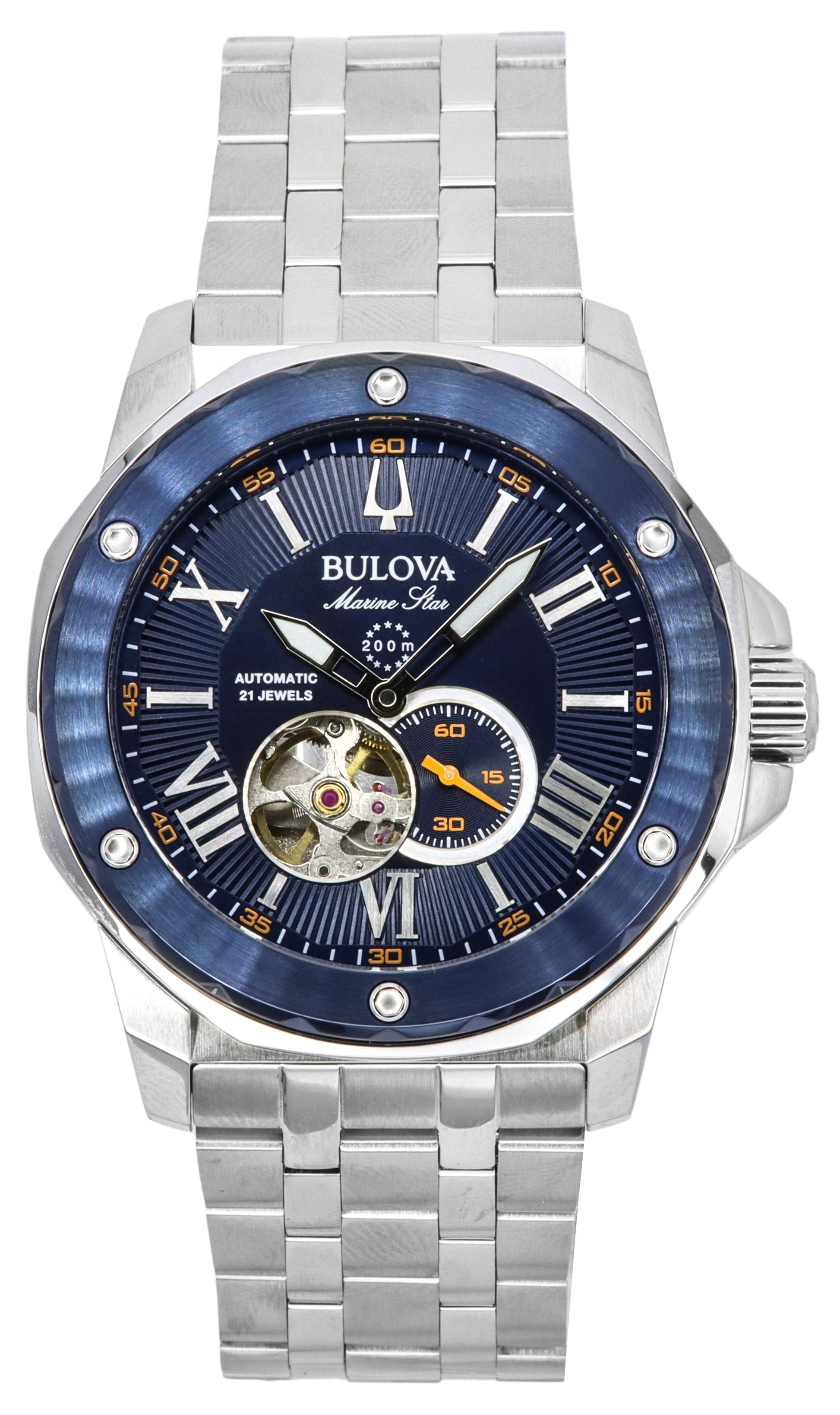 Bulova Marine Star Stainless Steel Open Heart Blue Dial Automatic 21 Jewels 98A302 200M Men's Watch - Prestige Stones
