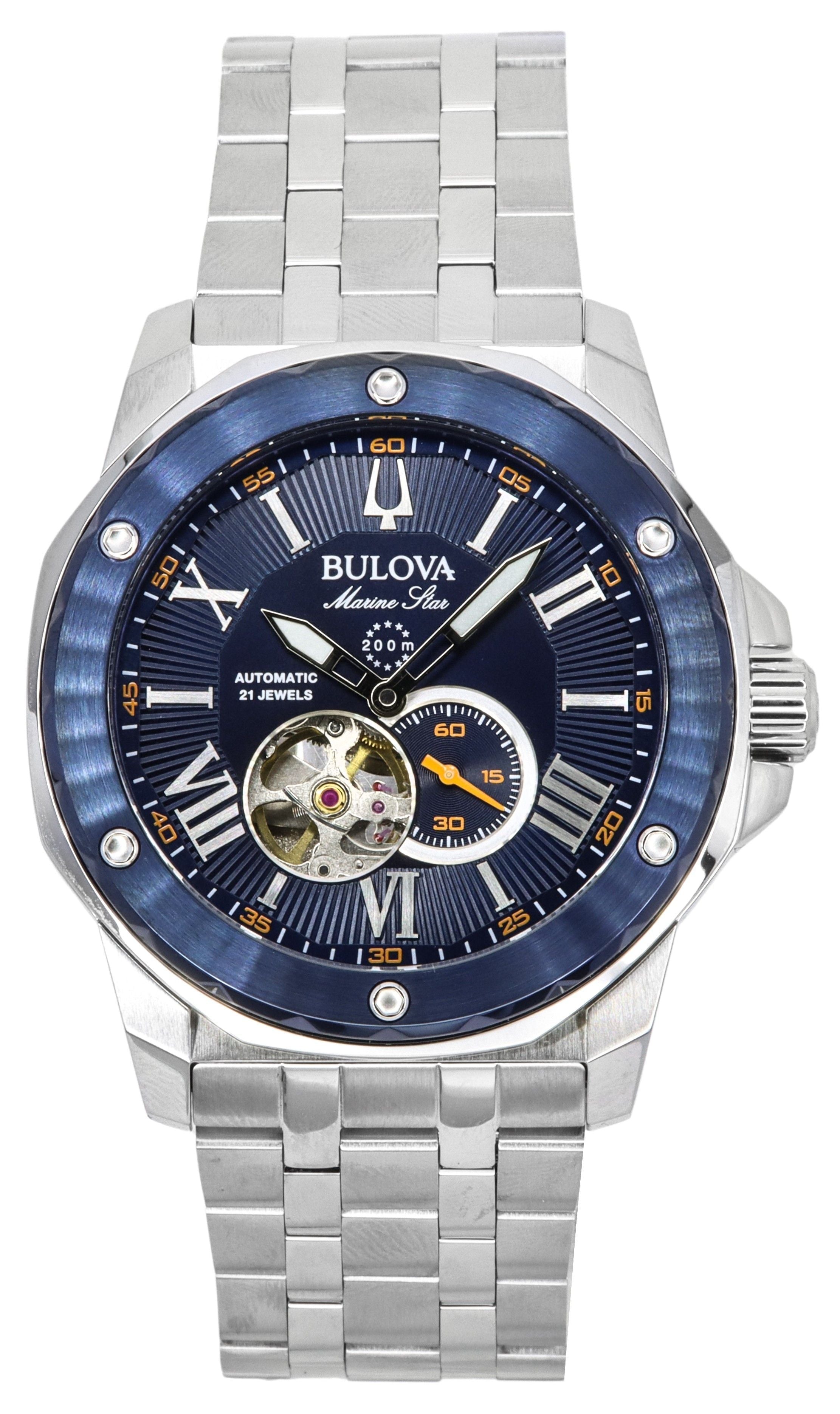 Bulova Marine Star Stainless Steel Open Heart Blue Dial Automatic 21 Jewels 98A302 200M Men's Watch - Prestige Stones