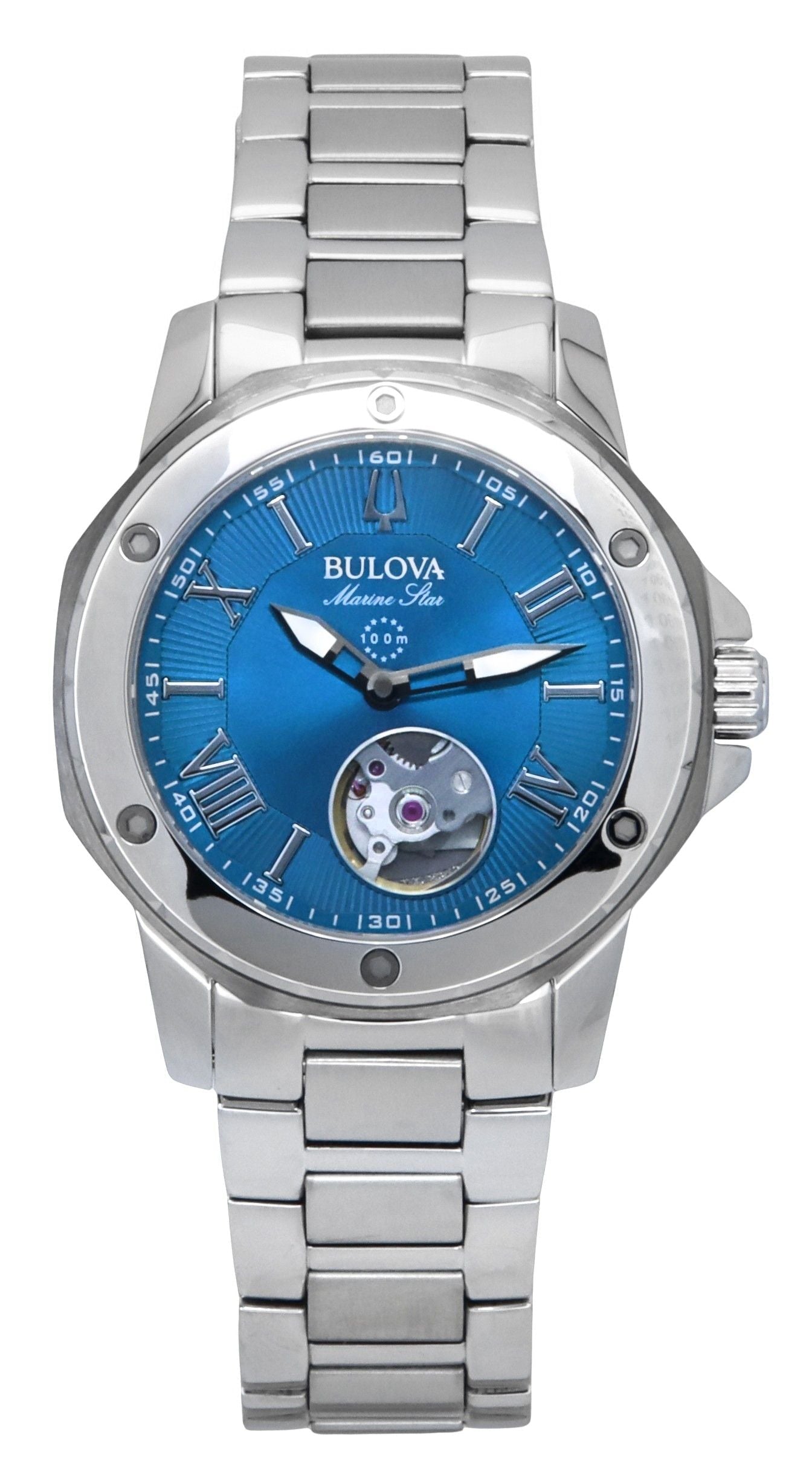 Bulova Marine Star Stainless Steel Open Heart Blue Dial Automatic 98L317 100M Women's Watch - Prestige Stones