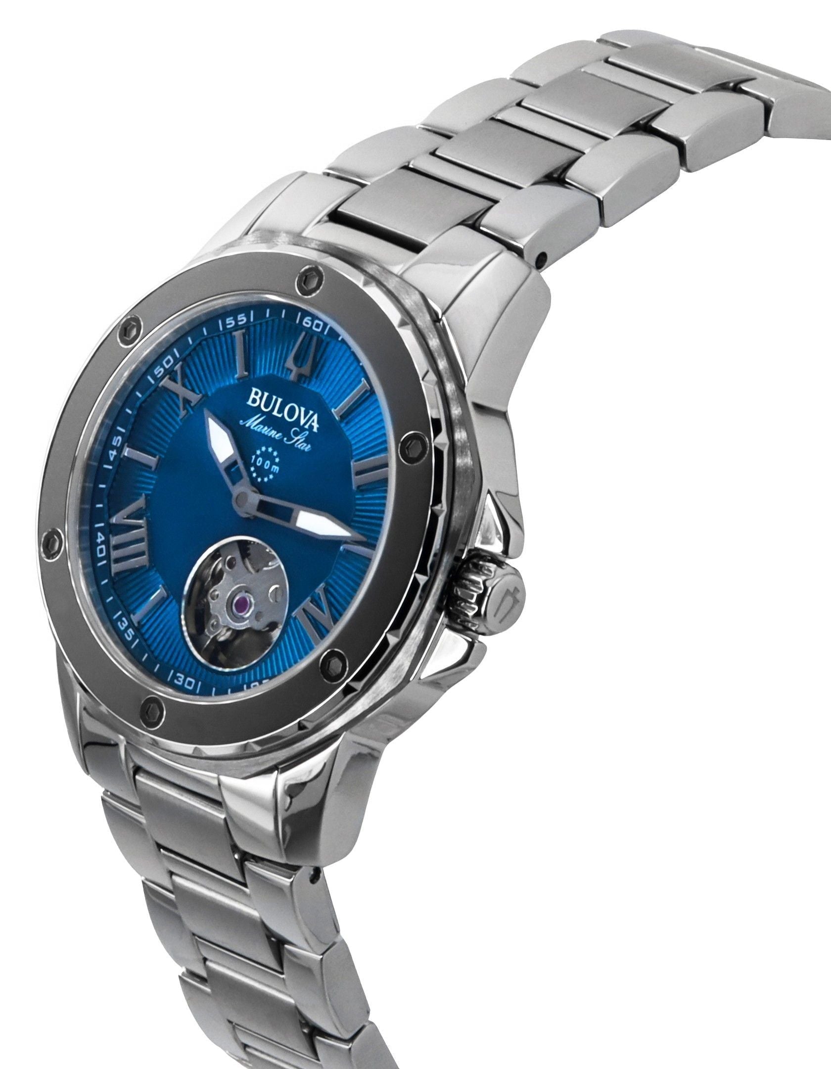Bulova Marine Star Stainless Steel Open Heart Blue Dial Automatic 98L317 100M Women's Watch - Prestige Stones