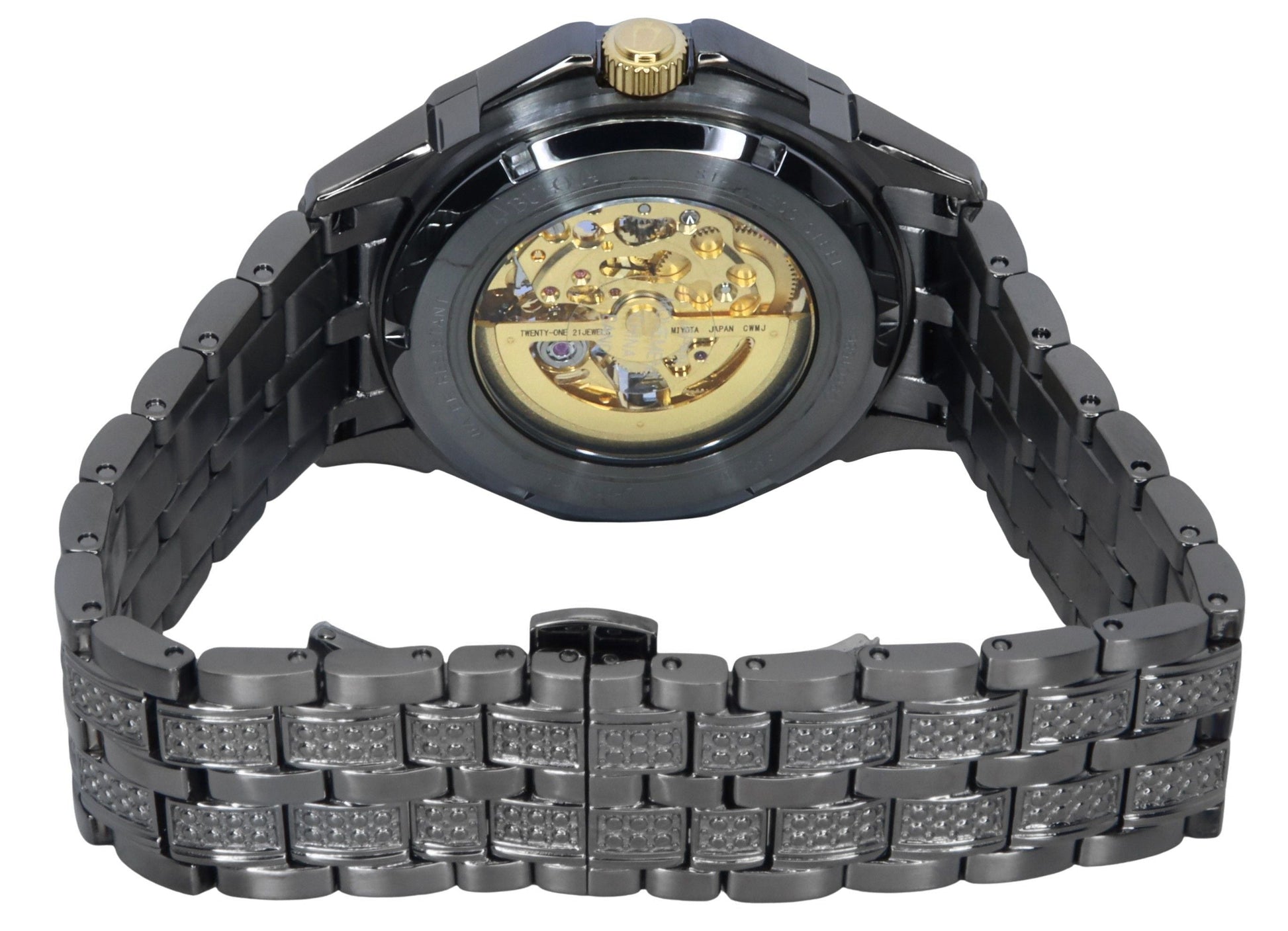 Bulova Octava Crystal Accents Stainless Steel Skeleton Gold Dial Automatic 98A293 Men's Watch - Prestige Stones