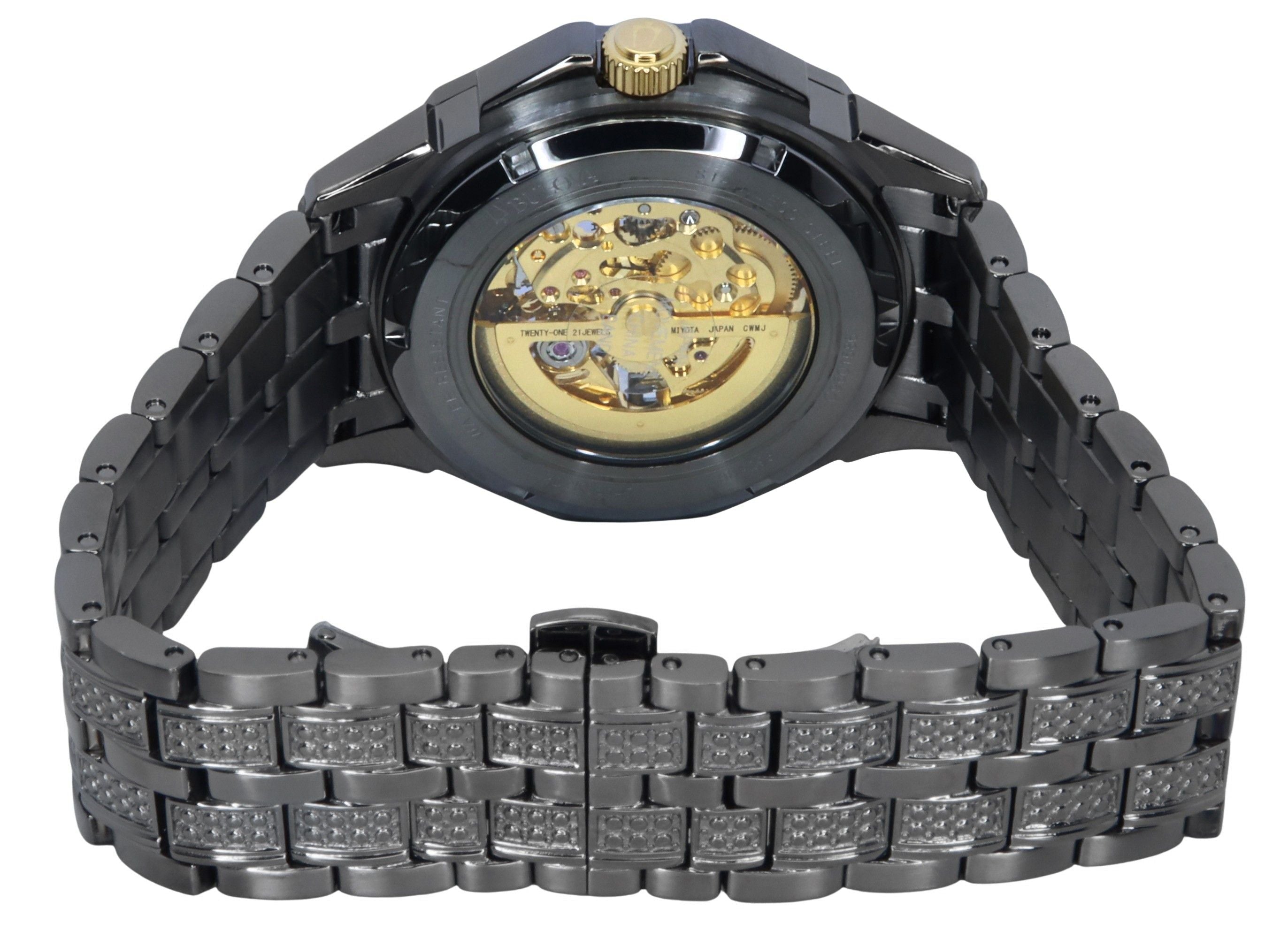 Bulova Octava Crystal Accents Stainless Steel Skeleton Gold Dial Automatic 98A293 Men's Watch - Prestige Stones