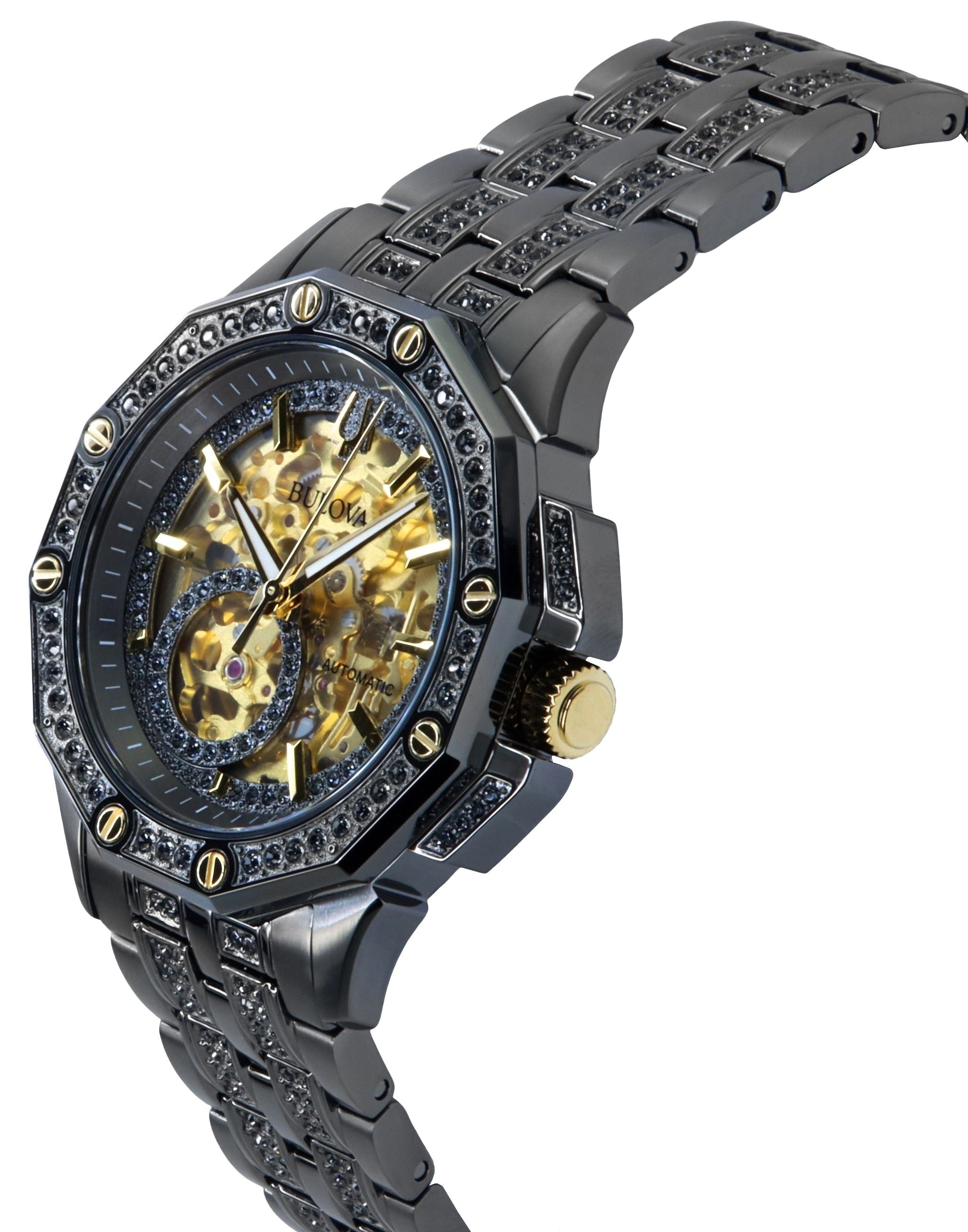 Bulova Octava Crystal Accents Stainless Steel Skeleton Gold Dial Automatic 98A293 Men's Watch - Prestige Stones
