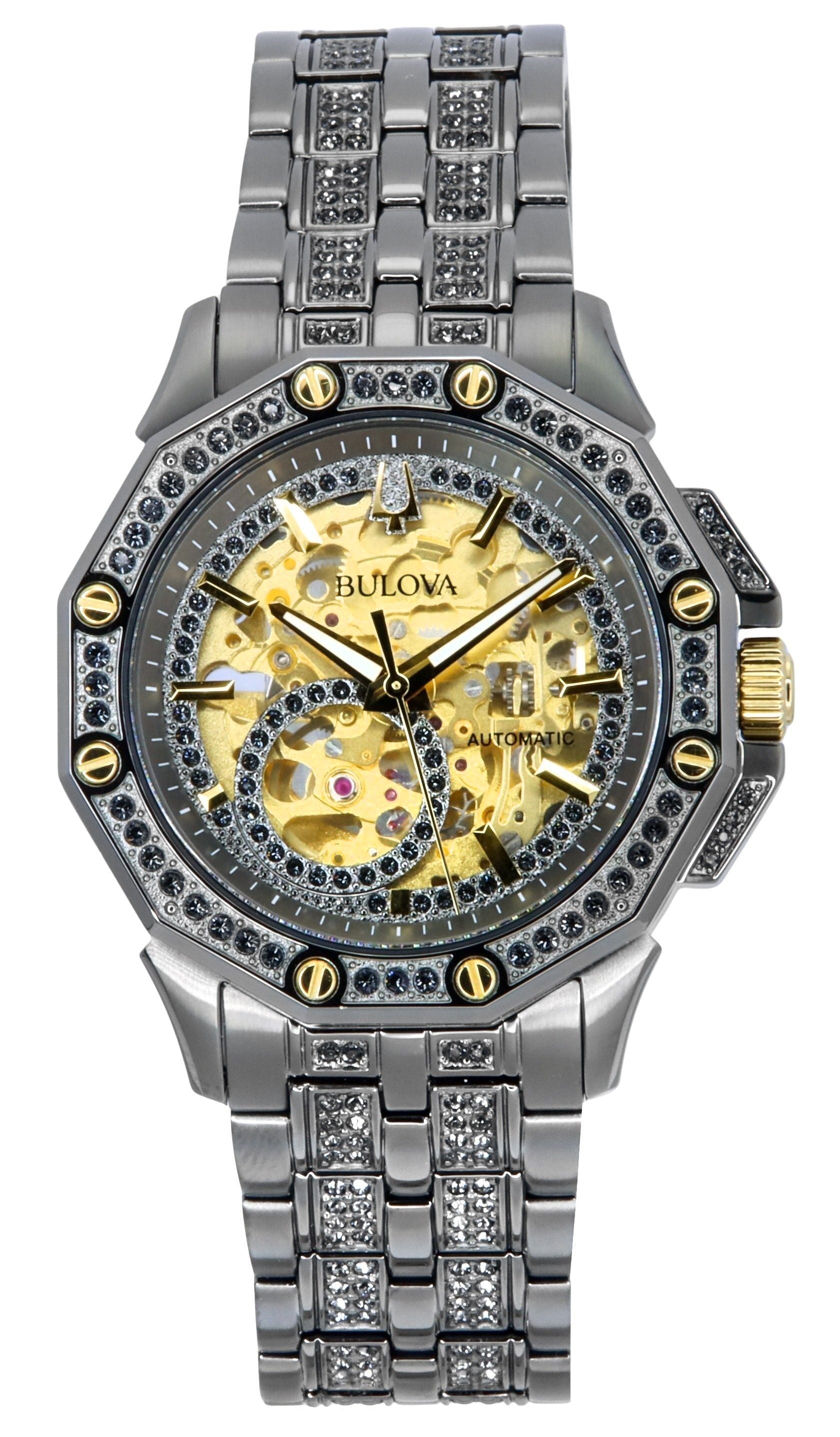 Bulova Octava Crystal Accents Stainless Steel Skeleton Gold Dial Automatic 98A293 Men's Watch - Prestige Stones