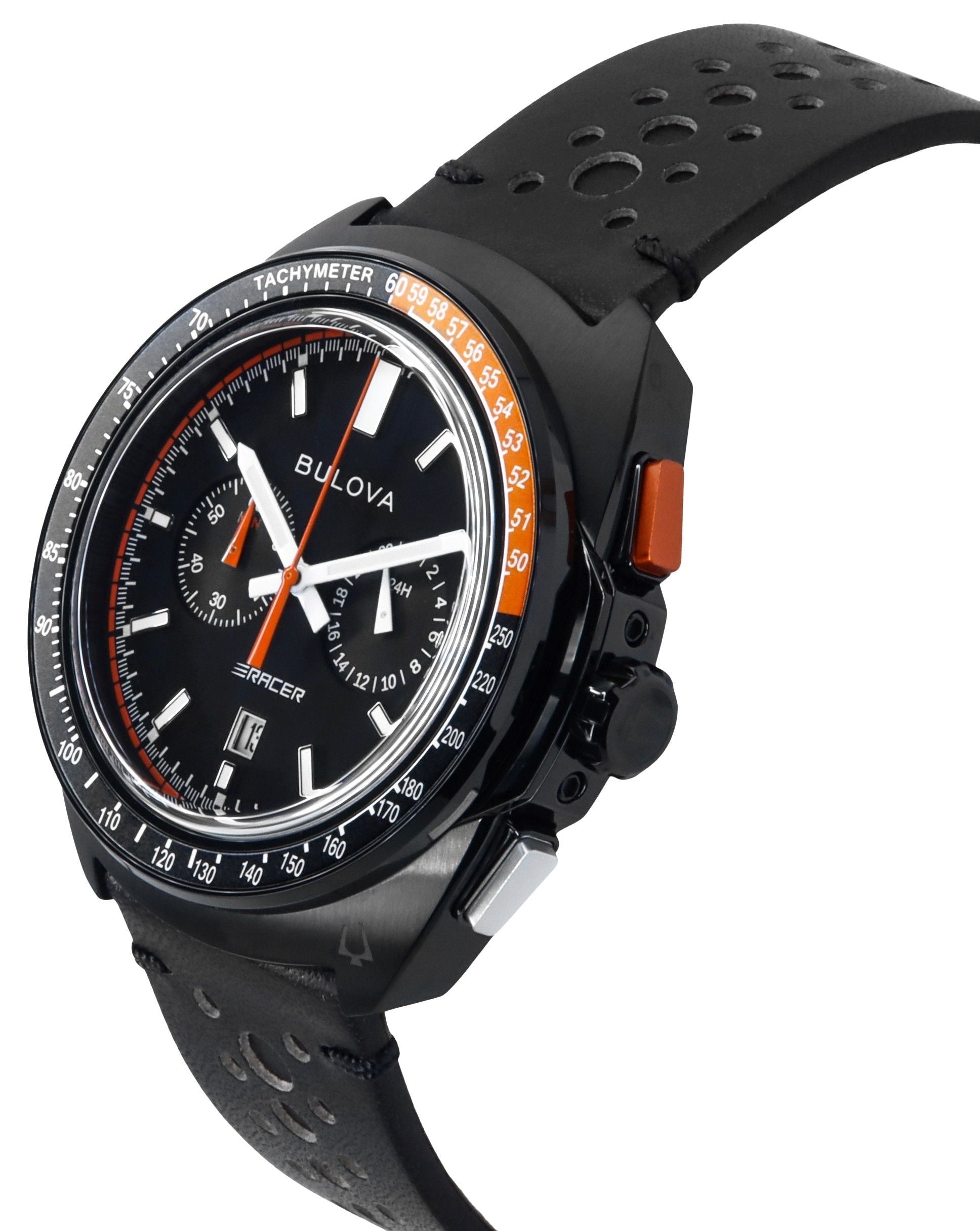 Bulova Racer Chronograph Leather Strap Black Dial Quartz 98B428 100M Men's Watch - Prestige Stones