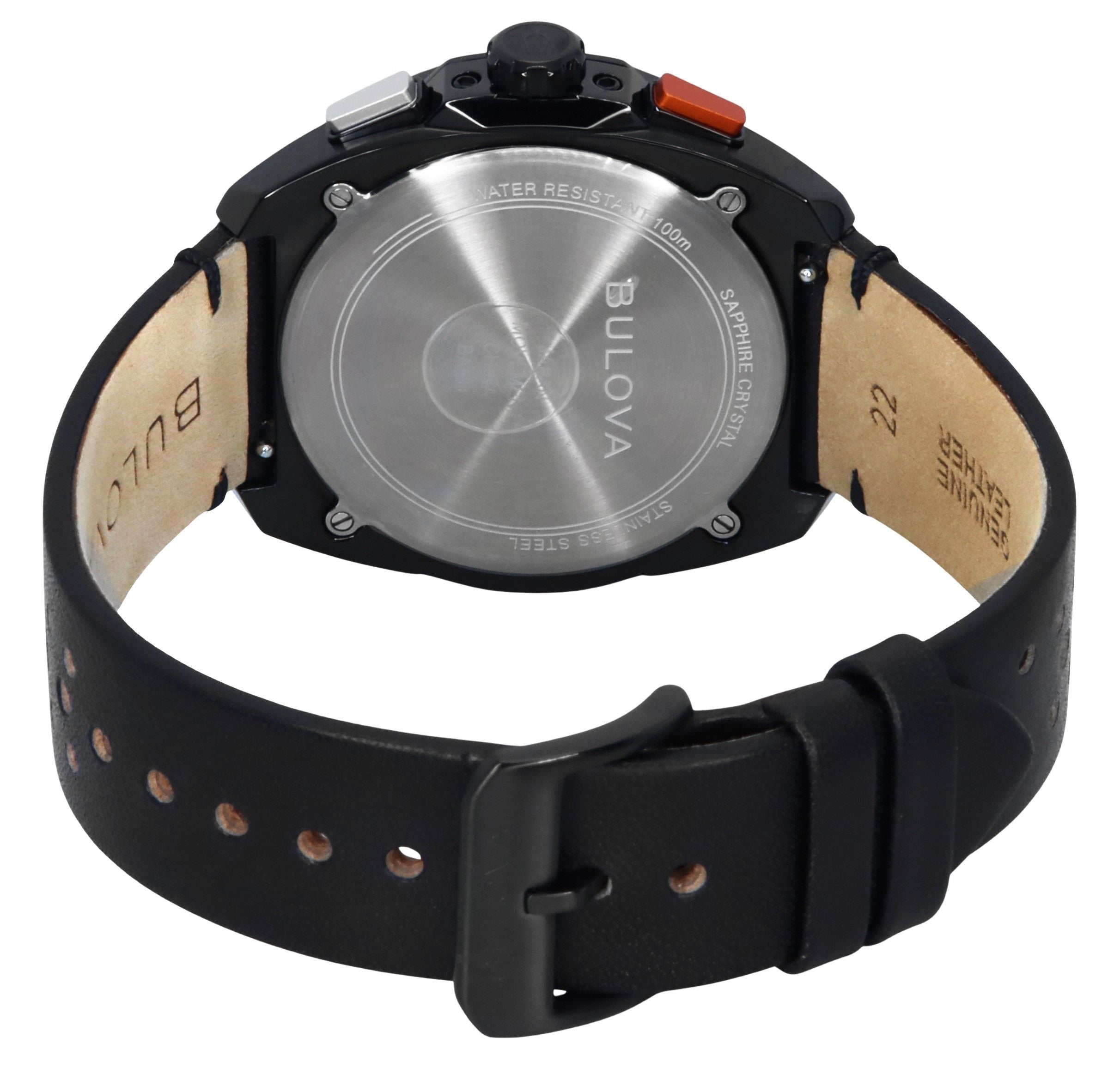 Bulova Racer Chronograph Leather Strap Black Dial Quartz 98B428 100M Men's Watch - Prestige Stones