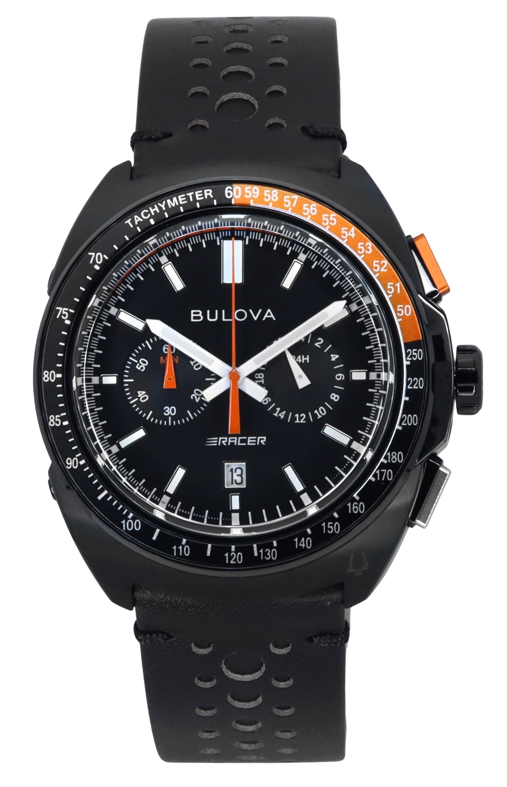 Bulova Racer Chronograph Leather Strap Black Dial Quartz 98B428 100M Men's Watch - Prestige Stones