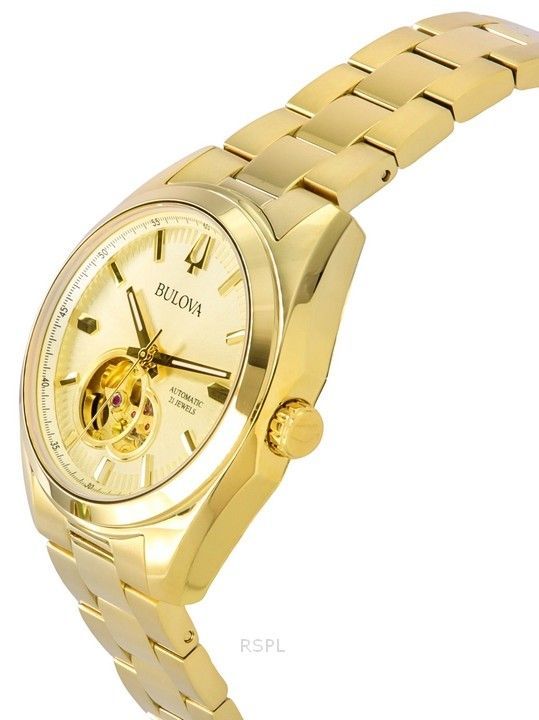 Bulova Surveyor Gold Tone Stainless Steel Open Heart Champagne Dial Automatic 97A182 Men's Watch - Prestige Stones