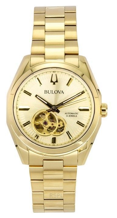 Bulova Surveyor Gold Tone Stainless Steel Open Heart Champagne Dial Automatic 97A182 Men's Watch - Prestige Stones