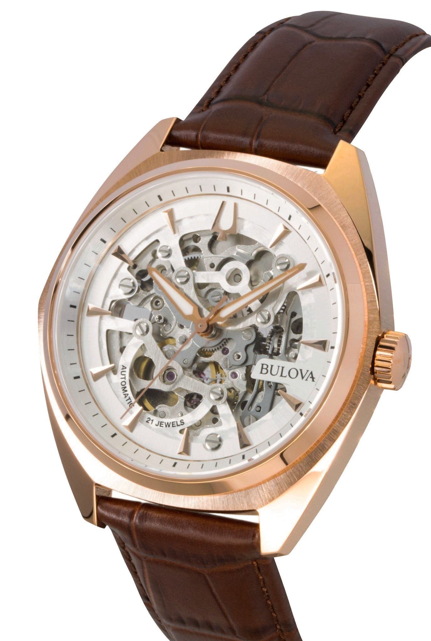 Bulova Surveyor Leather Strap Silver Skeleton Dial Automatic 97A175 Men's Watch - Prestige Stones