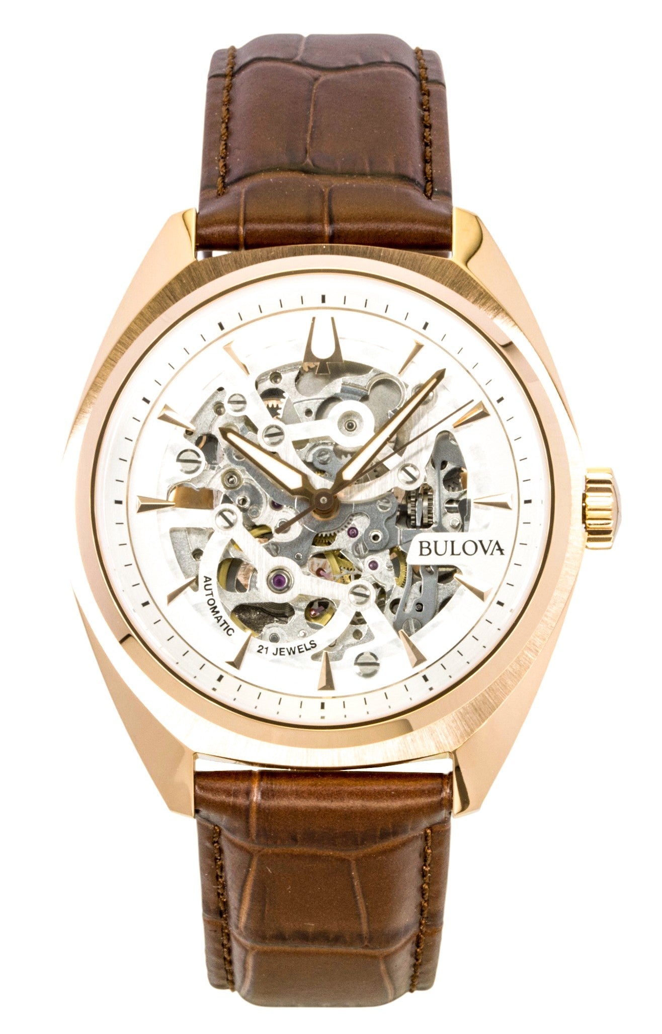 Bulova Surveyor Leather Strap Silver Skeleton Dial Automatic 97A175 Men's Watch - Prestige Stones