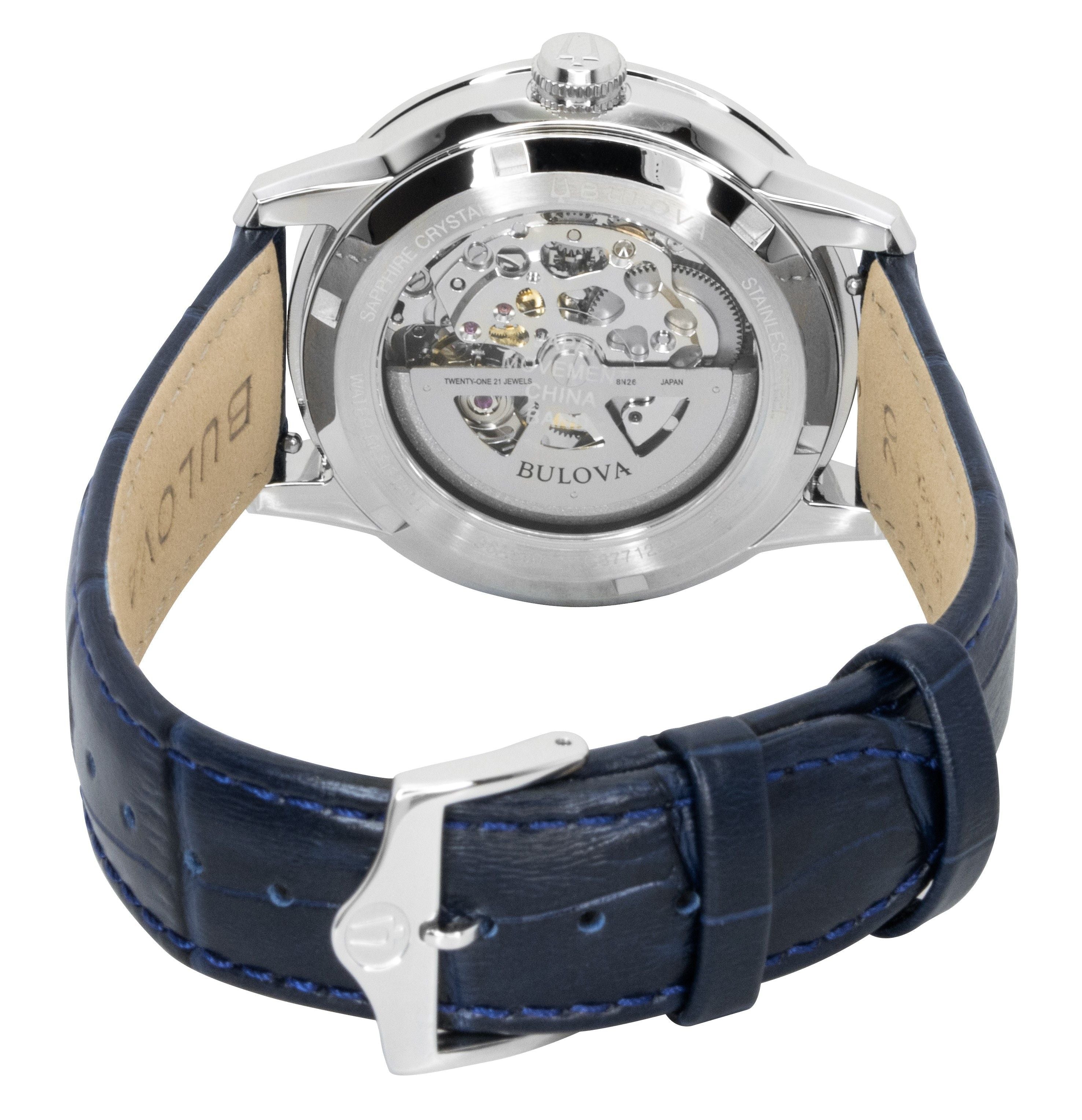 Bulova Sutton Leather Strap Silver Skeleton Automatic 96A330 Men's Watch - Prestige Stones