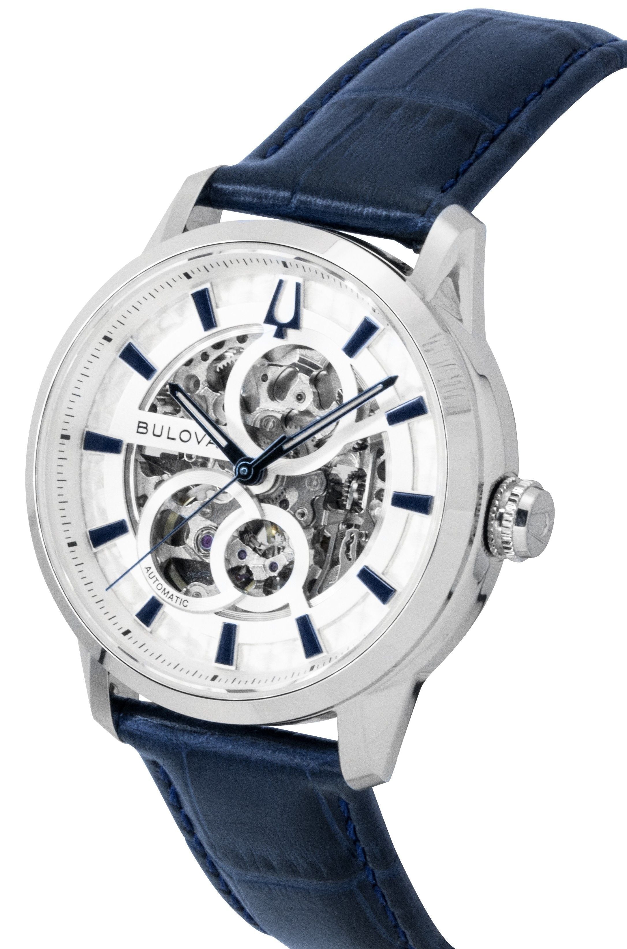 Bulova Sutton Leather Strap Silver Skeleton Automatic 96A330 Men's Watch - Prestige Stones