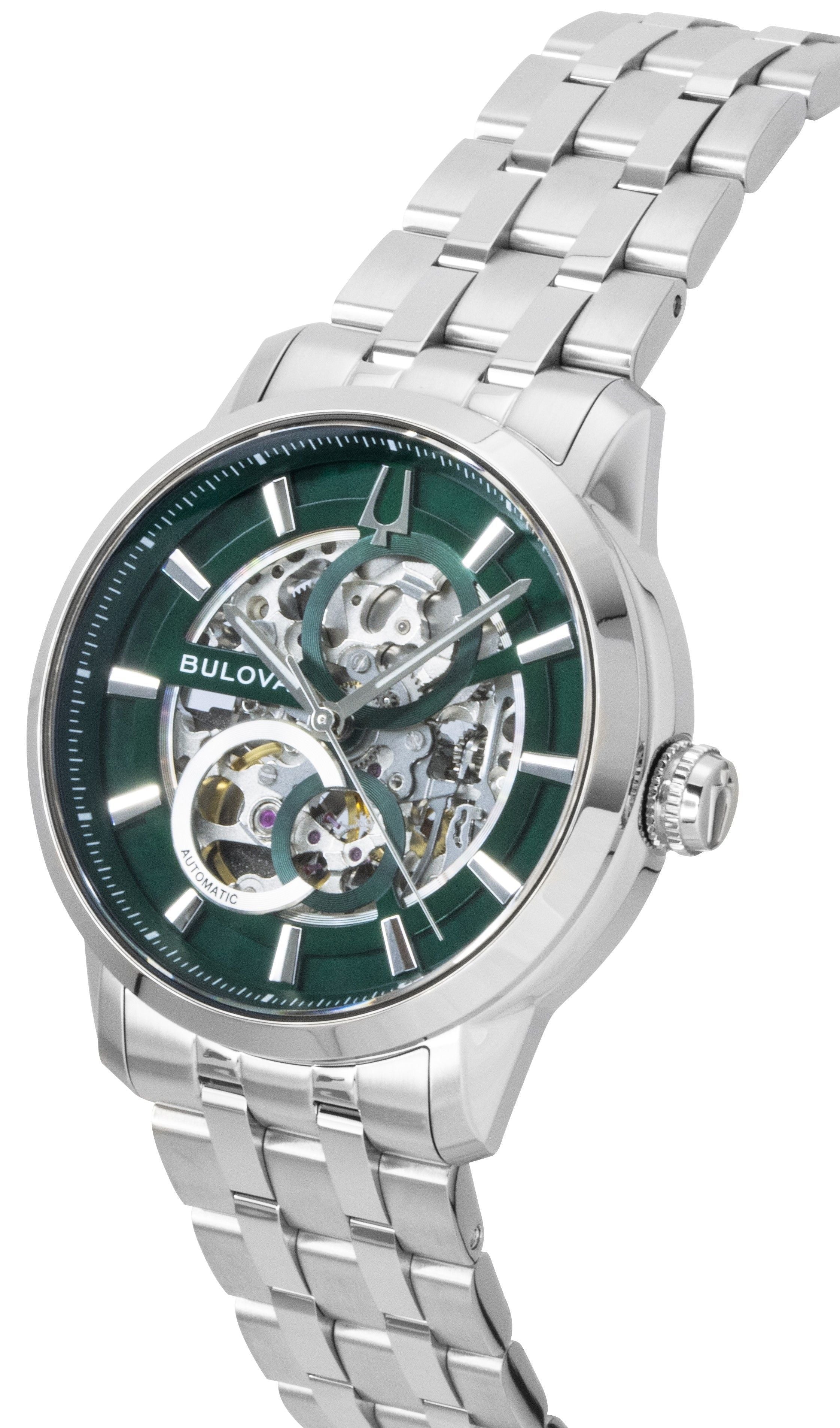 Bulova Sutton Stainless Steel Green Skeleton Automatic 96A329 Men's Watch - Prestige Stones