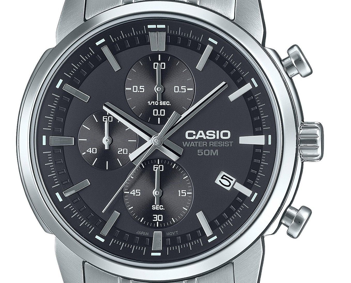 Casio Standard Analog Chronograph Stainless Steel Black Dial Quartz MTP - E510D - 1A1V Men's Watch - Prestige Stones